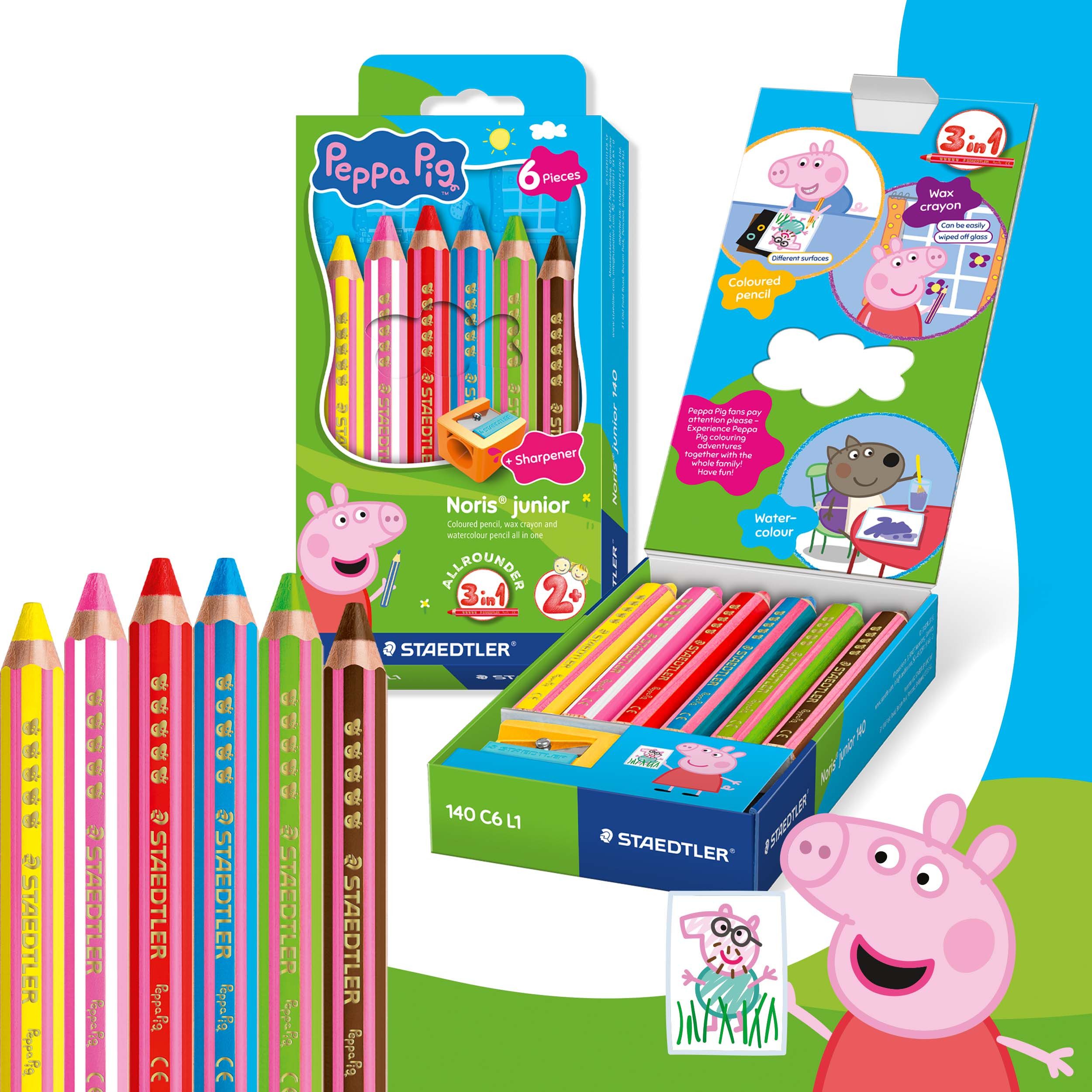 STAEDTLER Buntstift STAEDTLER Noris junior Buntstifte Peppa Wutz 6er Set - 3 in 1 Wachsmal