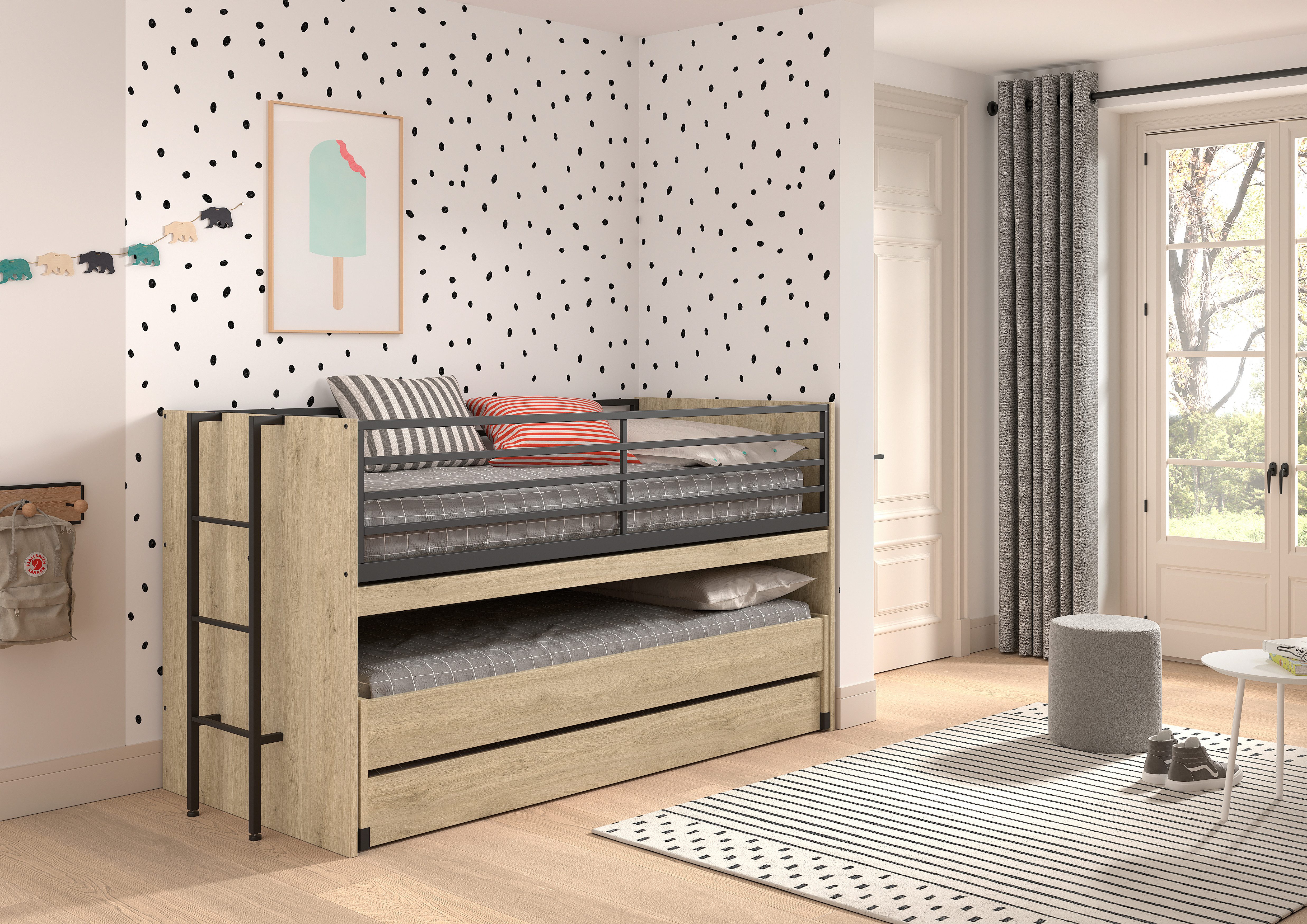 Vipack Etagenbett praktisches Etagenbett mit viel Funktion, 2 Dekore zur Wahl (B/H/T ca. 219x114x98cm, Metall Leiter und Absturzschutz in schwarz), für kleine Räume, 2 Liegefl., Bettschublade, inkl. Schreibtisch