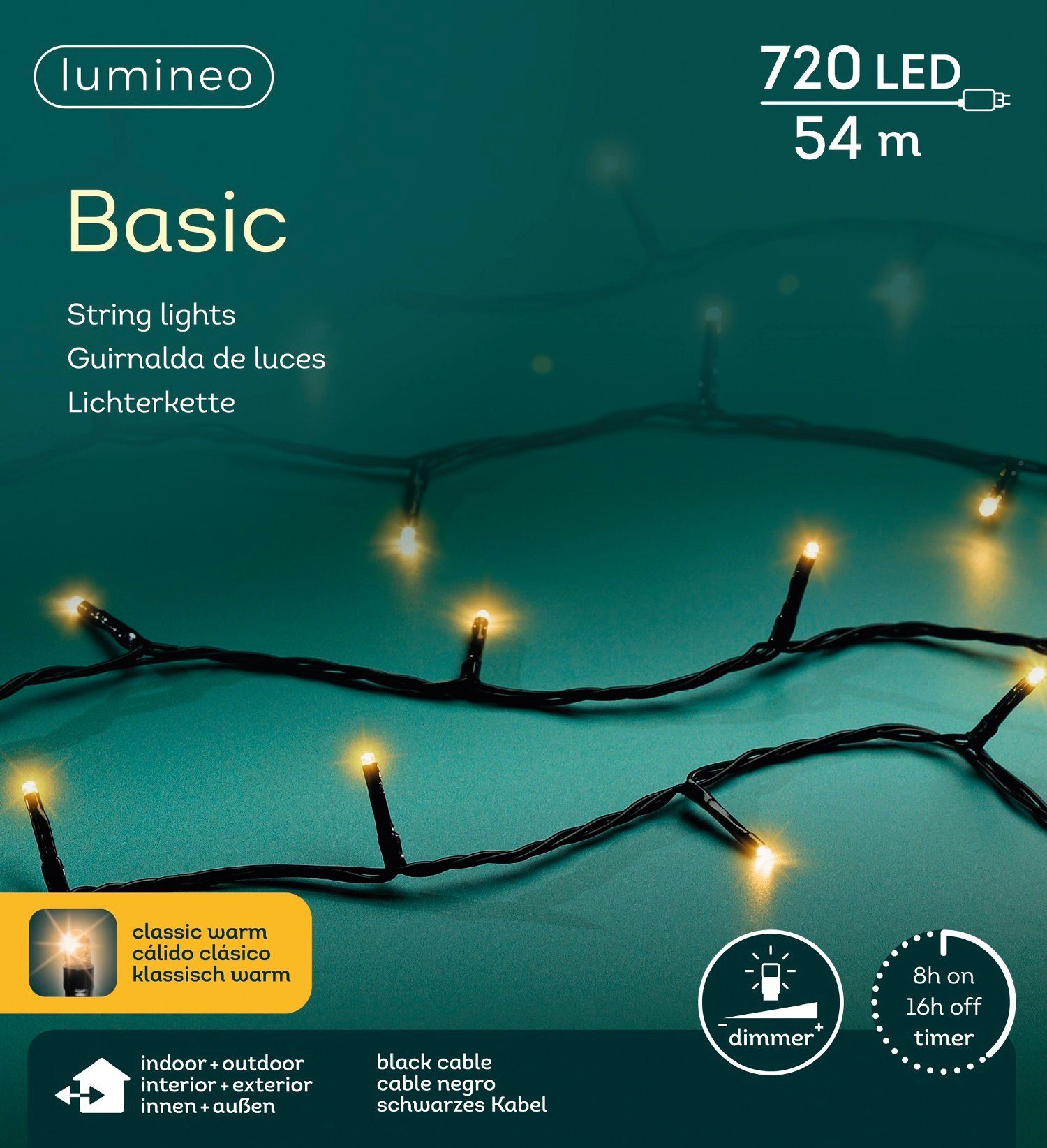 Lumineo LED-Lichterkette Lumineo Lichterkette BASIC 720 LED 54m klassisch warm, schwarzes Kabel, Indoor/Outdoor, dimmbar, 8h-Timer, + 5 m Zuleitung