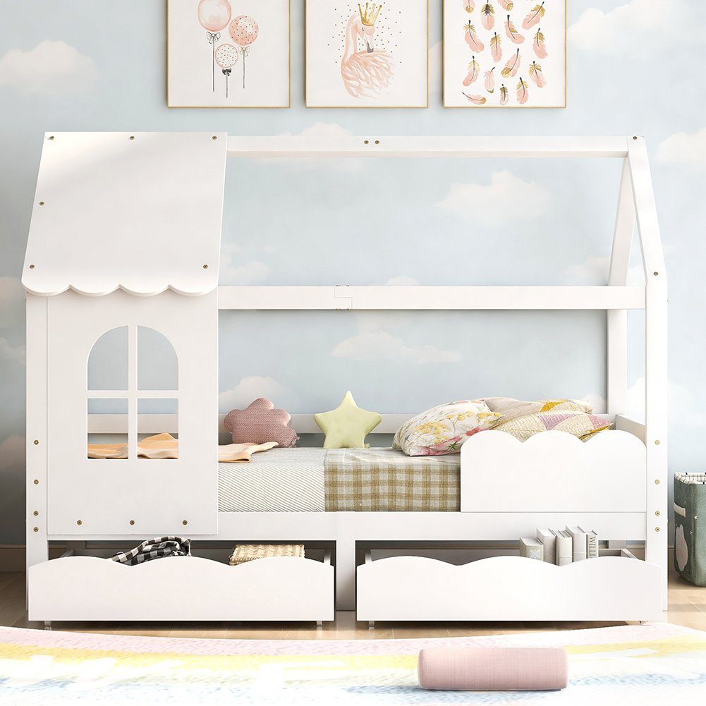 Hausbett (Kinderbett 200x90 cm), Jugendbett mit Rausfallschutz, 2 Schubladen und Lattenrost, Kiefer