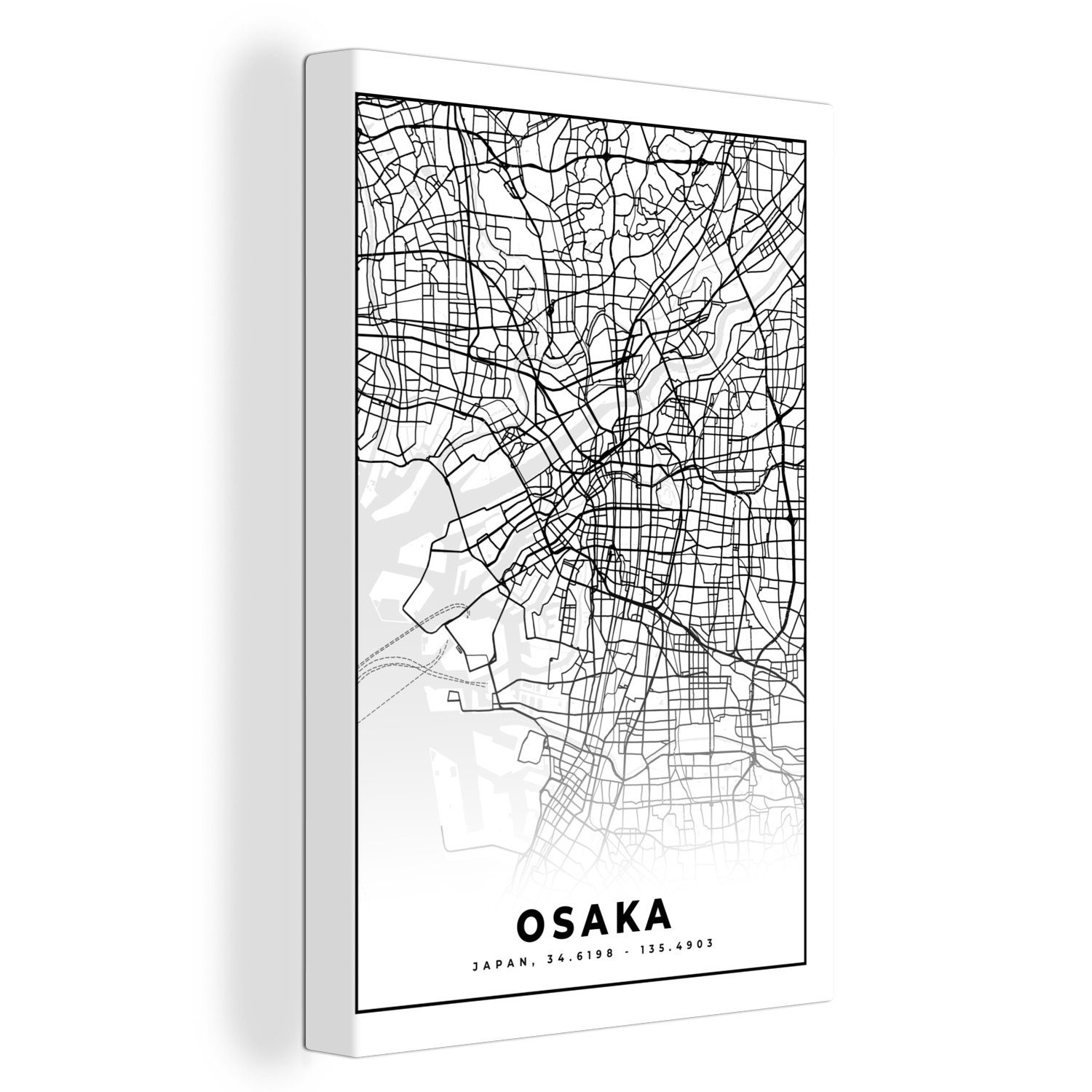 OneMillionCanvasses® Leinwandbild Karte - Osaka - Stadtplan - Japan - Karte, (1 St), Leinwandbild fertig bespannt inkl. Zackenaufhänger, Gemälde, 20x30 cm | Leinwandbilder