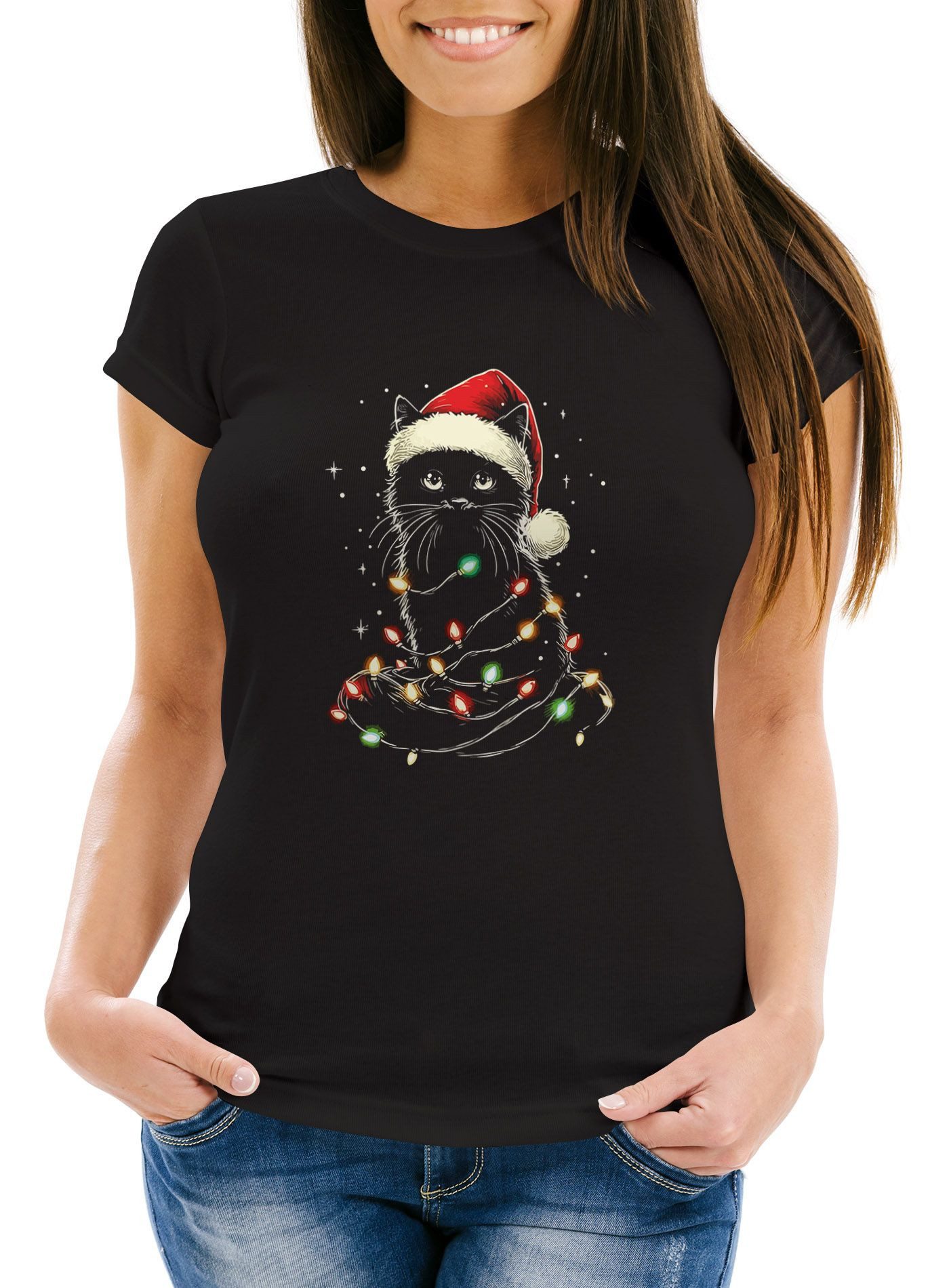 Print-Shirt Weihnachtsshirt Damen Katze Weihnachten Lustig Weihnachtsoutfit