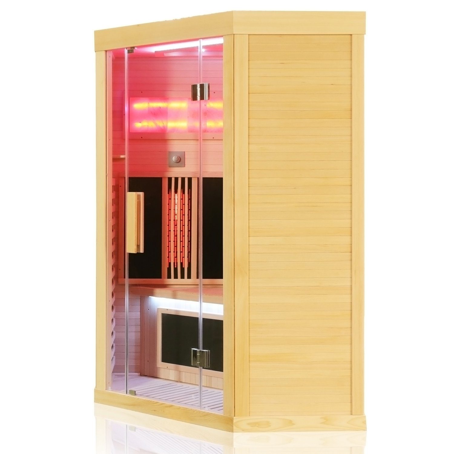 Dewello Infrarotkabine SALTCOATS 120 Wärmekabine, bis zu 2 Personen, Dual-Therm, BxTxH: 120 x 120 x 190 cm, (Farblichttherapie, Ionisator mit Ozondesinfektion und Aromatherapie, Multimedia mit zusätzlich USB-Anschluss & Bluetooth möglich) Sauna aus Hemlock-Tannenholz, leichter Aufbau dank Stecksystem