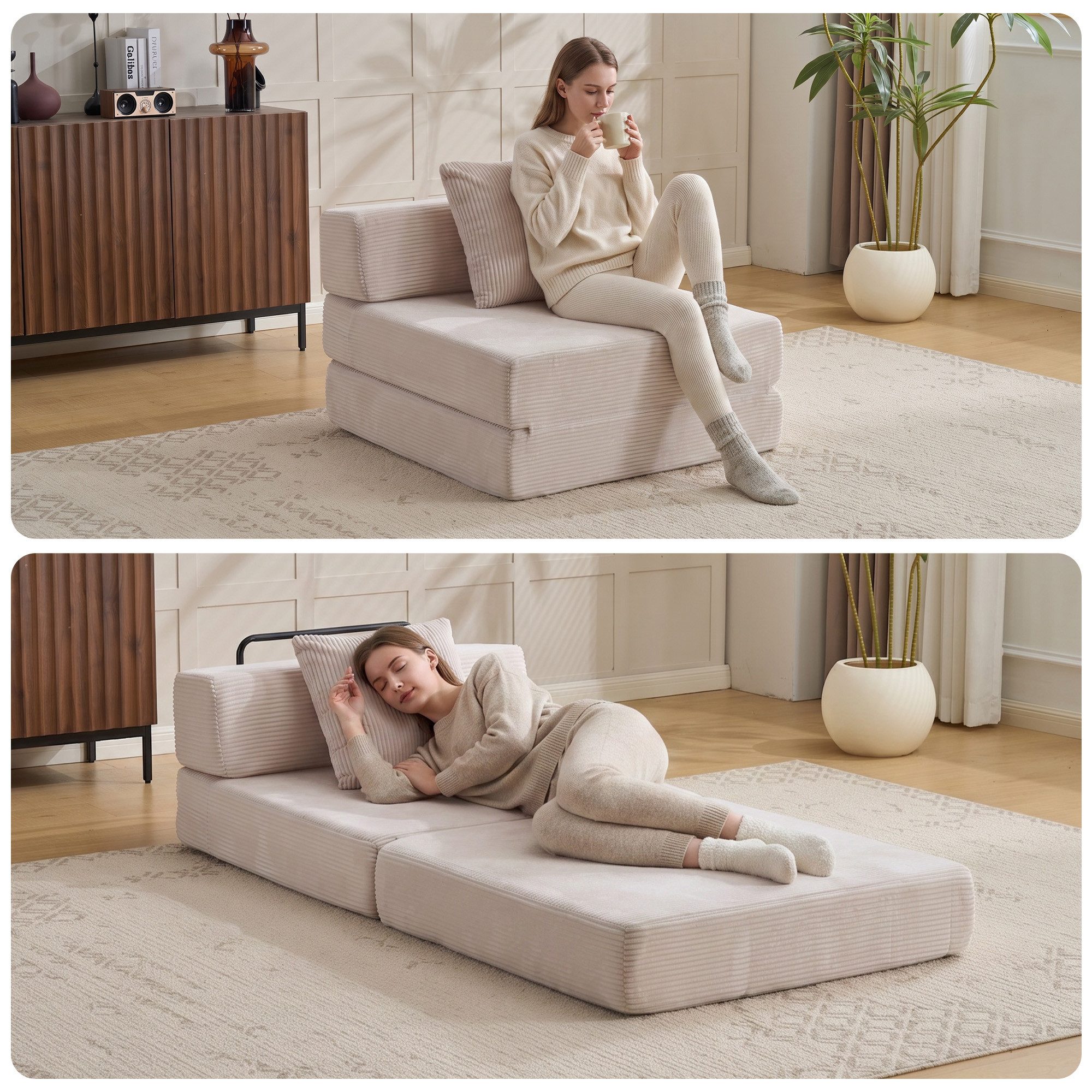 Vankel Loungebett Sofas Wohnzimmer, Sessel mit Schlaffunktion aus Cord faltbar, 1-Sitzer Schlafsessel, platzsparend, bequem und ohne Montage