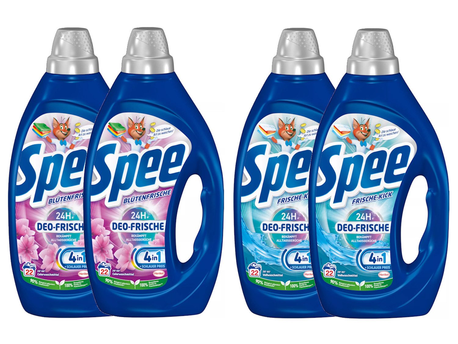 Spee 4 in 1 Deo Frische Set - Blütenfrische & Frische Kick 4x 22 WL (88 WL) Vollwaschmittel (Spar-Set, [4-St. Flüssigwaschmittel für 24h Deo Frische)