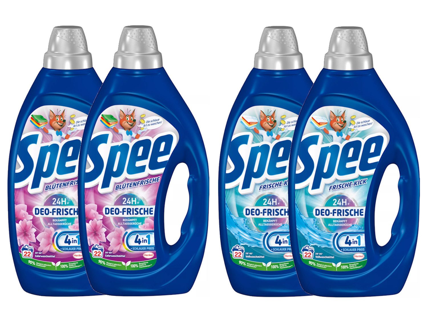 Spee Deo-Frische Gel - 2x Blütenfrische & 2x Frische Kick 24H Deo-Frische Vollwaschmittel (Spar-Set, [4-St. mit 4 + 1 Formel bekämpft Alltagsgerüche für 24 h Deo-Frische (4x 990ml)