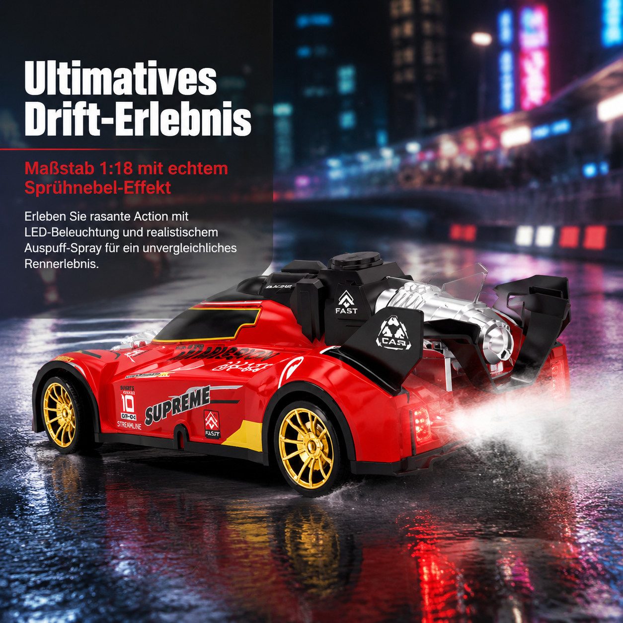 Rolipo RC-Auto RC-Drift-Auto im Maßstab 1:18, Allradantrieb, 2,4 GHz, 15km/h, (1-tlg), Rennsport-Spielzeugauto mit LED-Leuchten, Renn- und Drifträder