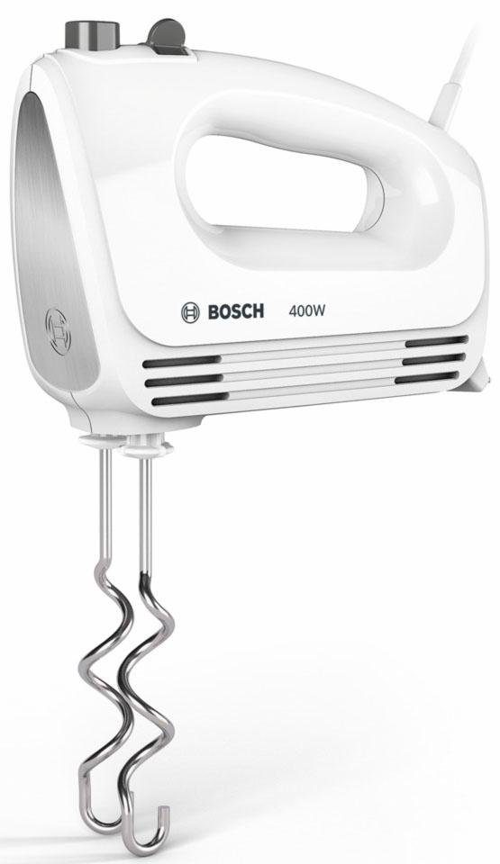 BOSCH Handmixer CleverMixx MFQ24200, Edelst. Rührbesen/Knethaken, 4 Stufen, weiß, 400 W, Auswurftaste, leichtes Gehäuse, Made in Europe