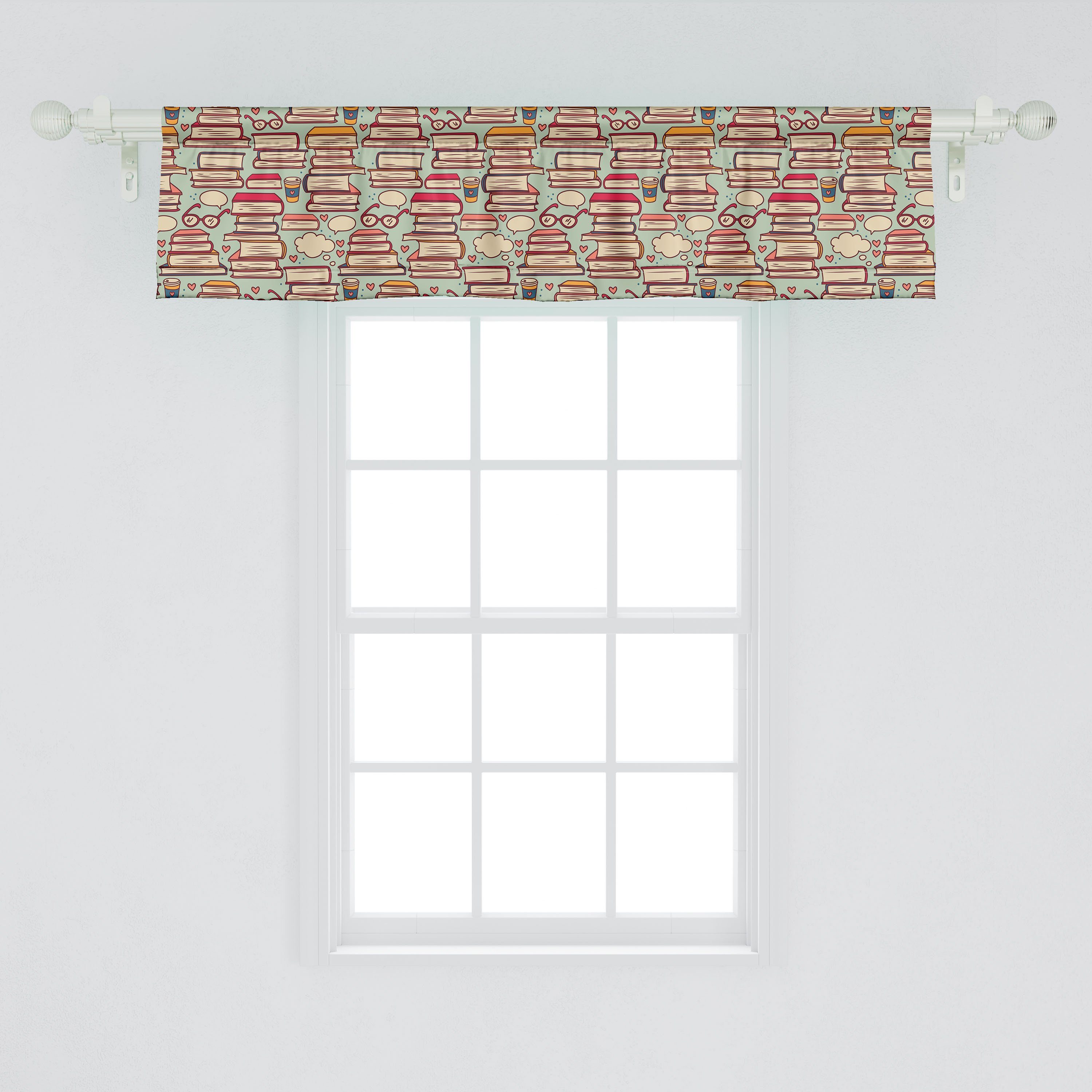 Scheibengardine Vorhang Volant für Küche mit Gekritzel Bücher Brillen Microfaser, Stangentasche, Schlafzimmer Dekor Stapel Abakuhaus