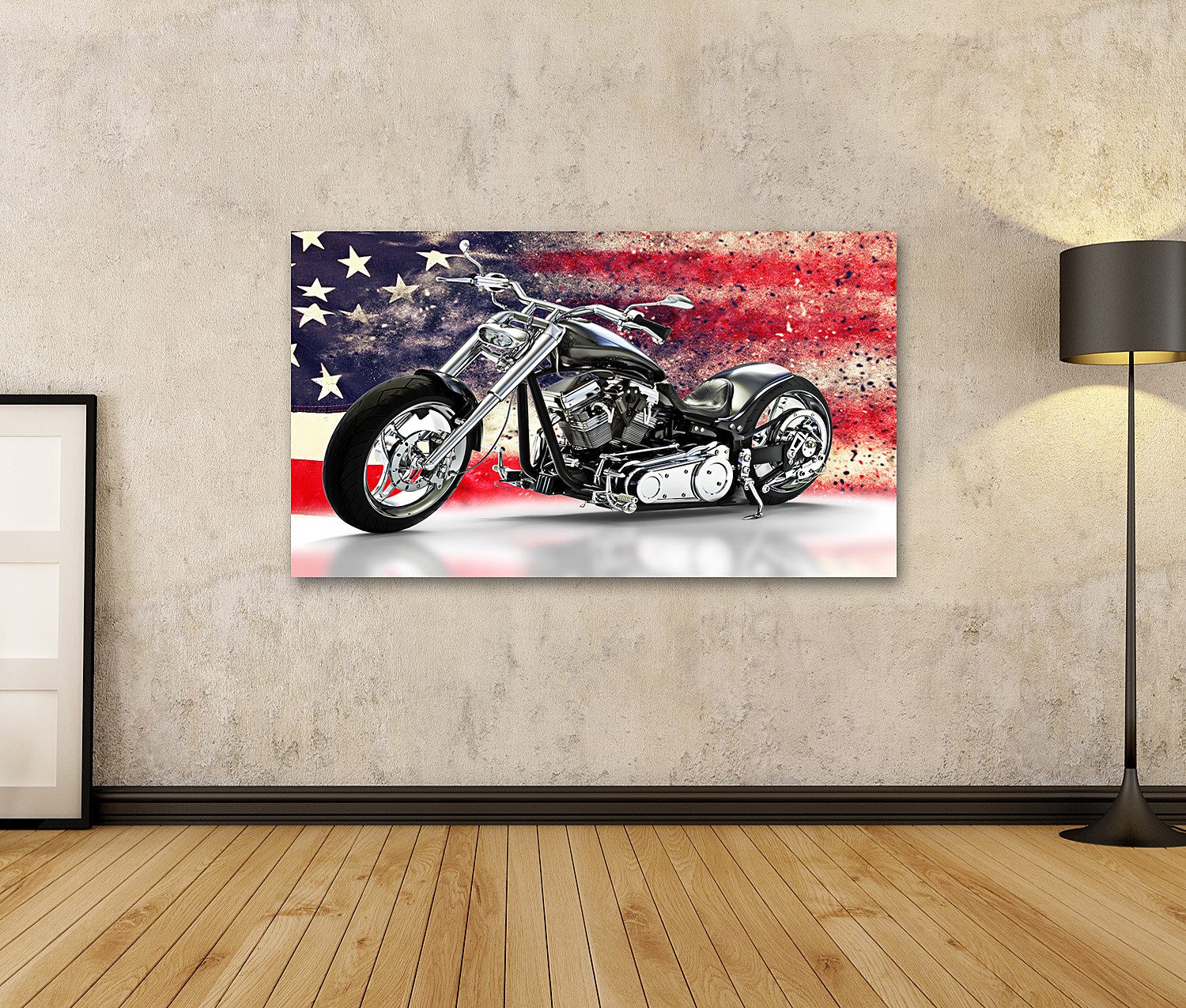 islandburner Leinwandbild Schwarzes Motorrad Amerikanische Flagge günstig online kaufen