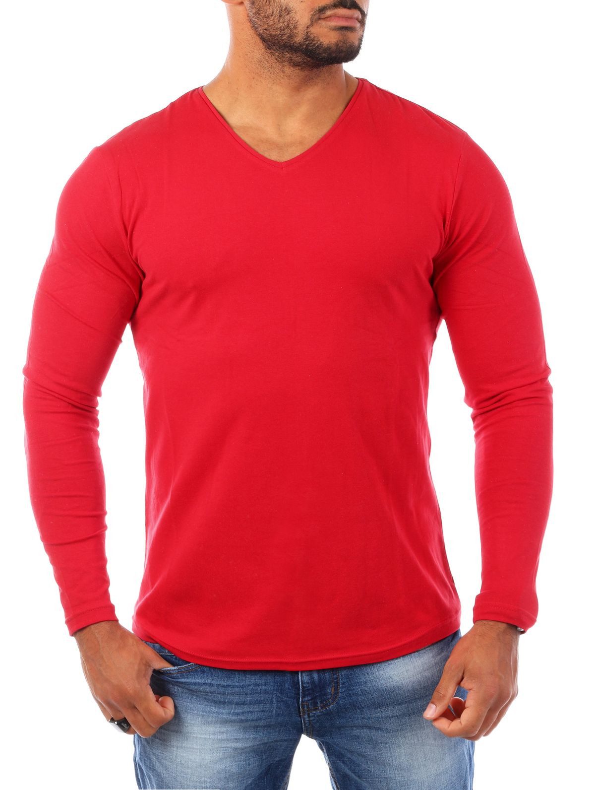 Langarmshirt Herren Uni Basic Longsleeve V-Ausschnitt V-Neck Unterziehshirt 2001