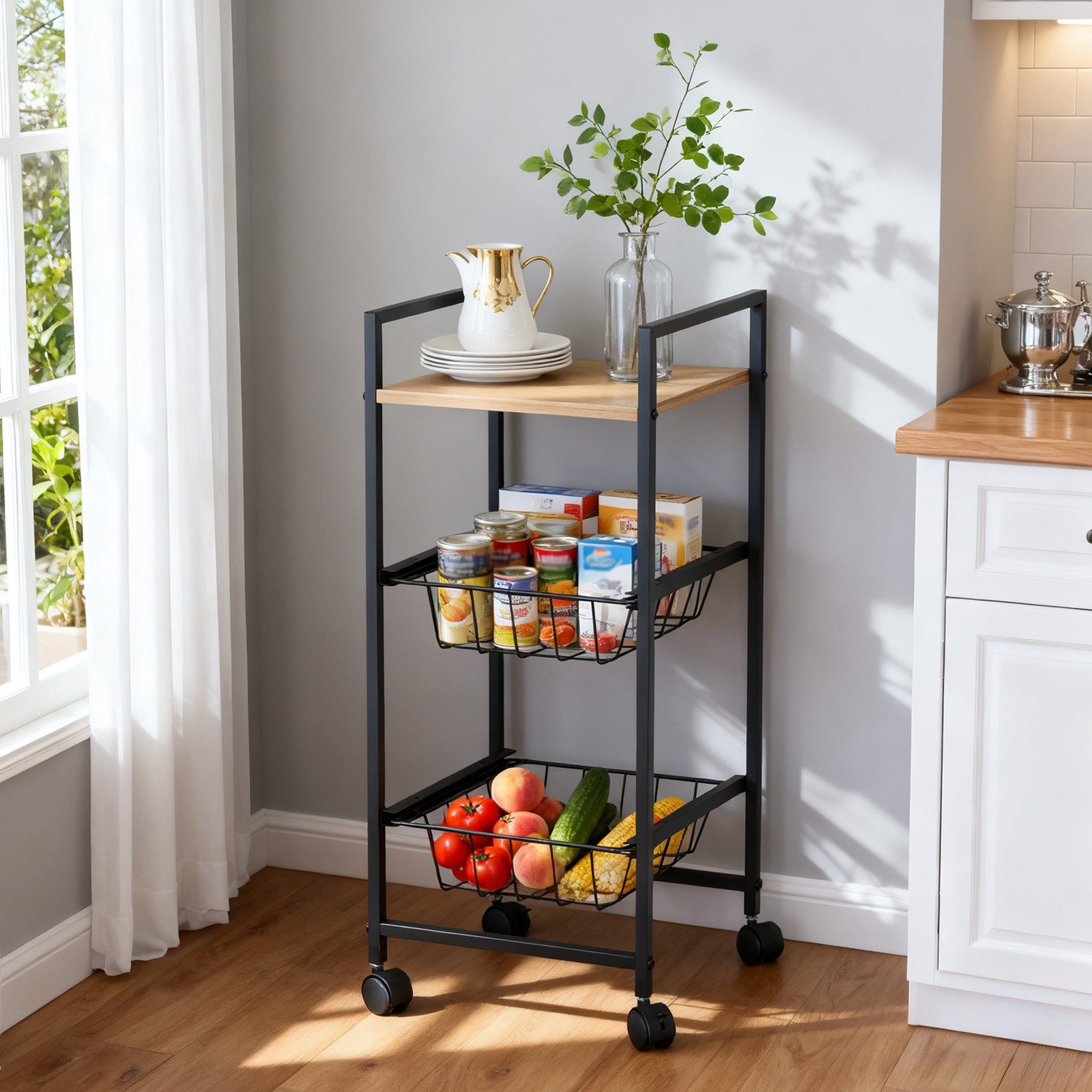 Beistellwagen Rollwagen mit 3 Ebenen, Rollen, Servierwagen, Rollen Allzweckwagen