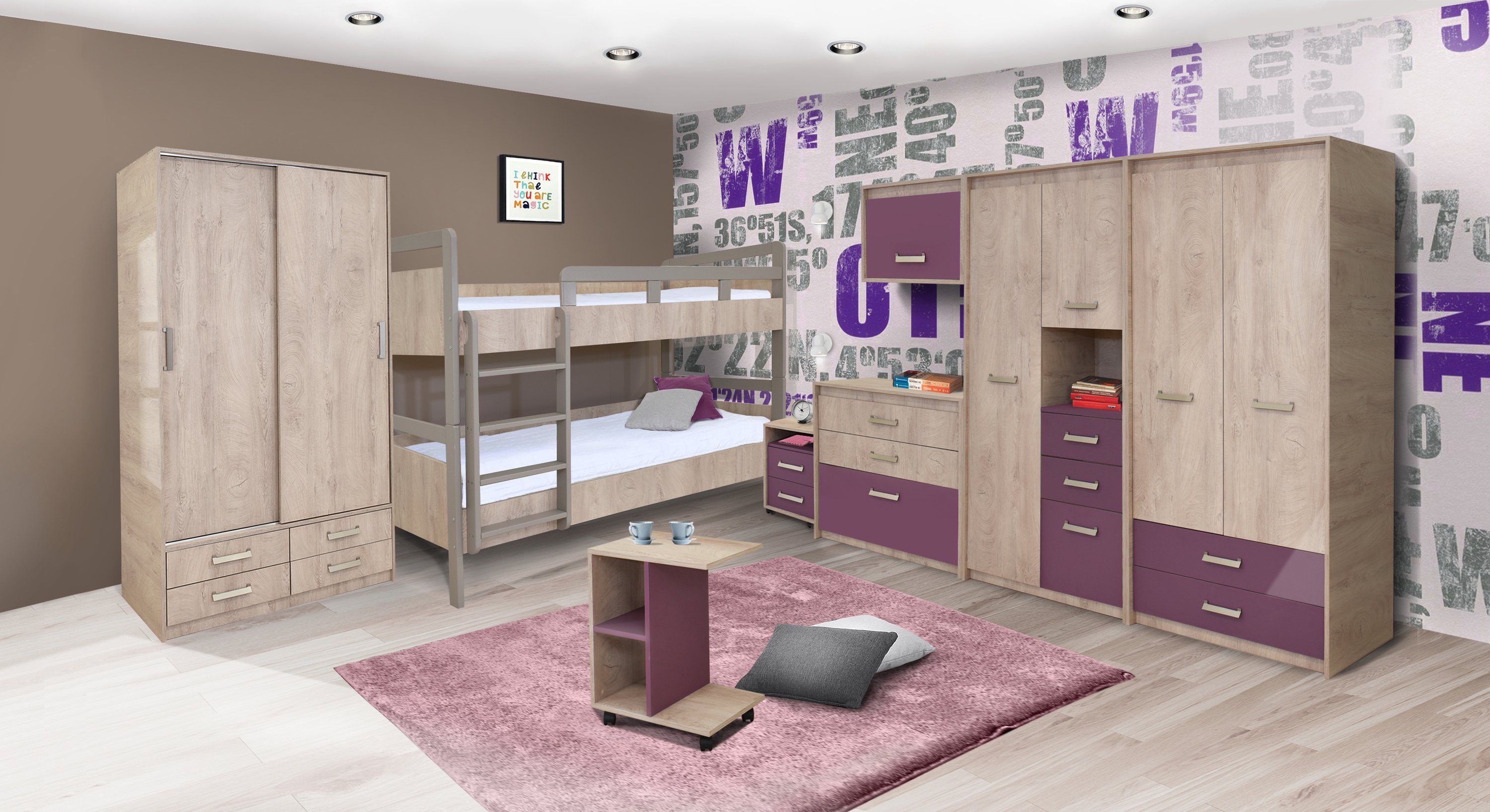 Beistellschrank mit | Premium zweifarbig, Stauraum Rollen eiche/lila eiche-lila HYPE mit Sofatisch Rooms Beistelltisch Eiche/lila premium