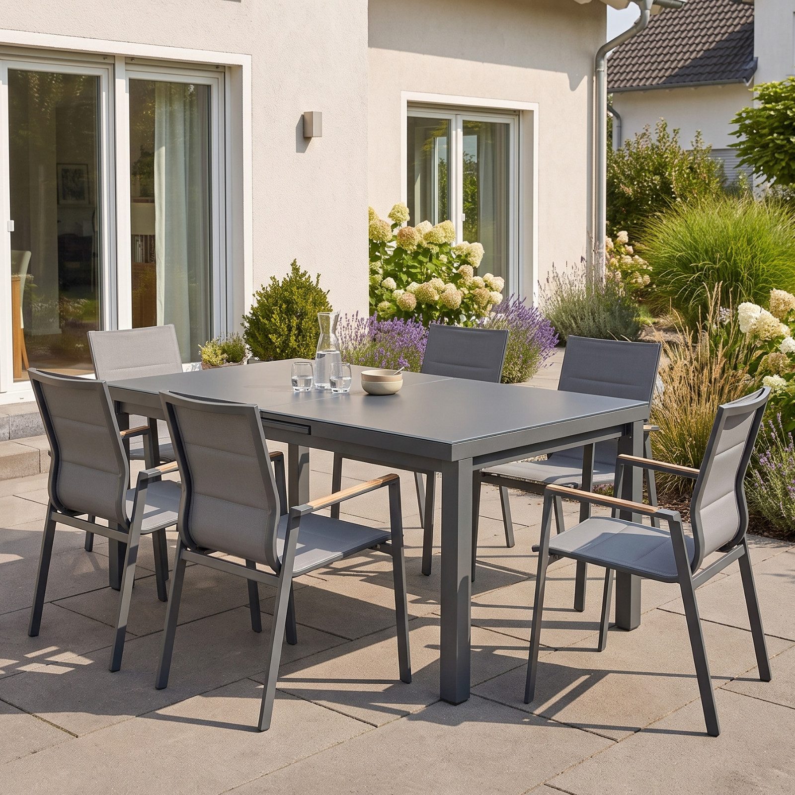 bellavista - Home&Garden® Gartenlounge-Set Gartenmöbel-Set Boston 2 Ausziehtisch 6 Stapelstühle Aluminium, (Set, 7-tlg., 1x Tisch, 6x Stapelstuhl), Aluminium, für 6 Personen, Ausziehtisch, wetterfest - Garten, Terrasse