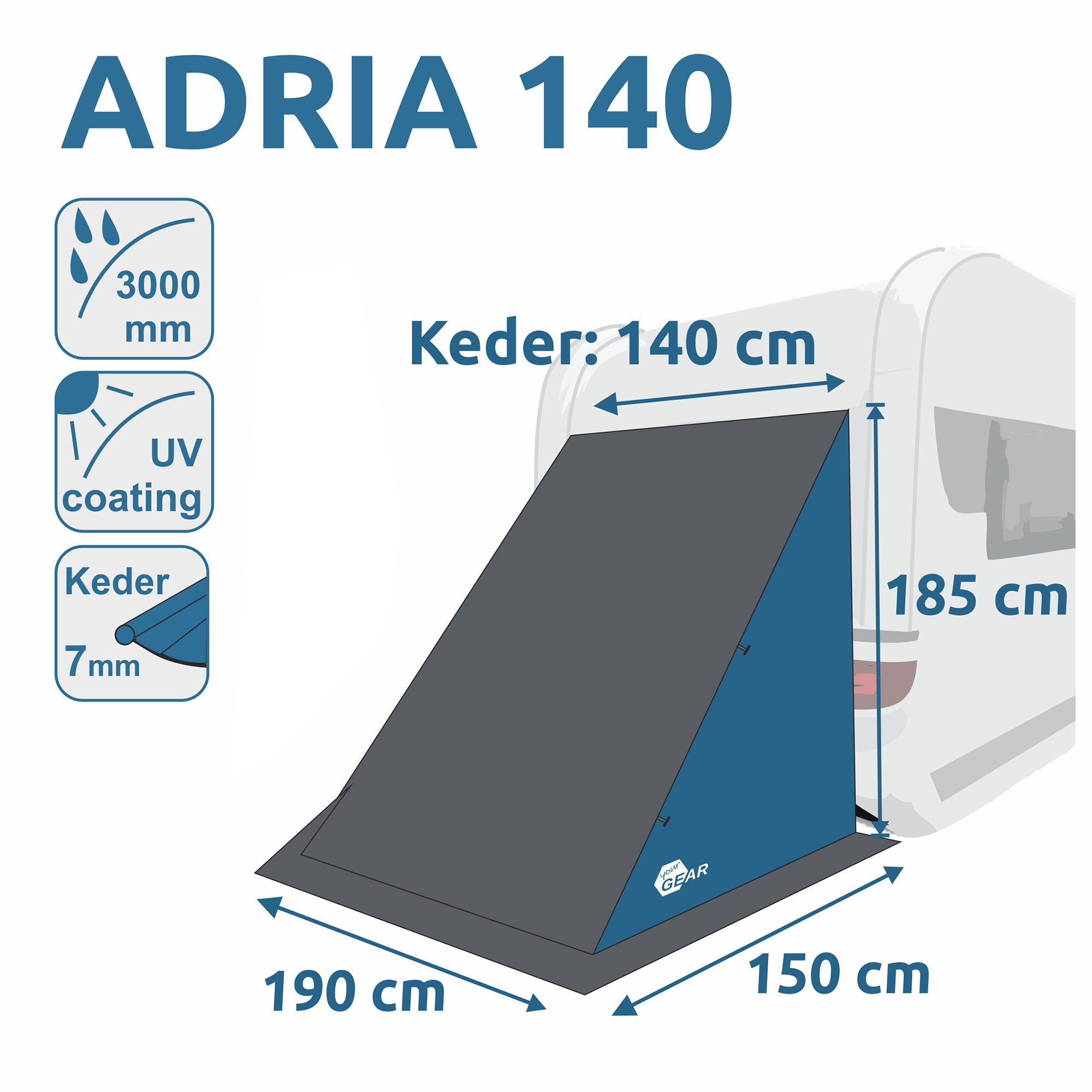 yourGEAR Vorzelt your GEAR Adria 140 Caravan Heckzelt, Geräte / Lagerzelt für Wohnwagen, Personen: 0