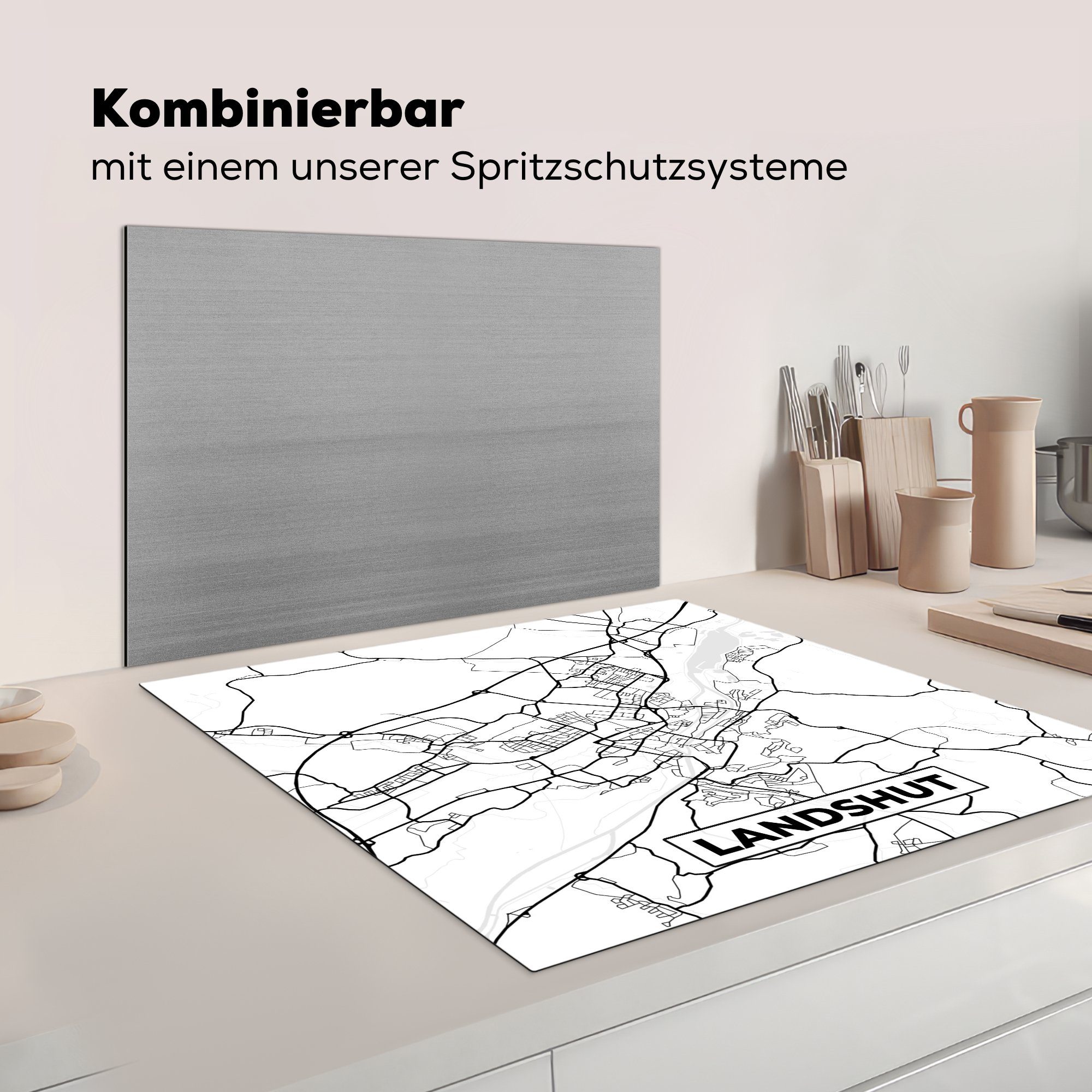 Vinyl, Karte, küche Herdblende-/Abdeckplatte MuchoWow Arbeitsplatte - für Ceranfeldabdeckung, - cm, 78x78 Stadtplan Landshut tlg), (1