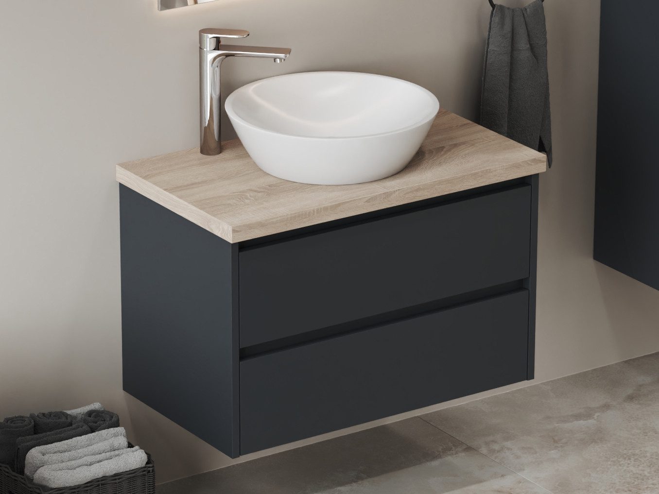 Aqua Bagno Badmöbel-Set Badschrank 80 cm mit Waschbecken, anthrazit lackiert,runde Keramik, (Badschrank vormontiert, 3-St., Badmöbelschrank mit Trägerplatte, Waschschale), einfache Montage