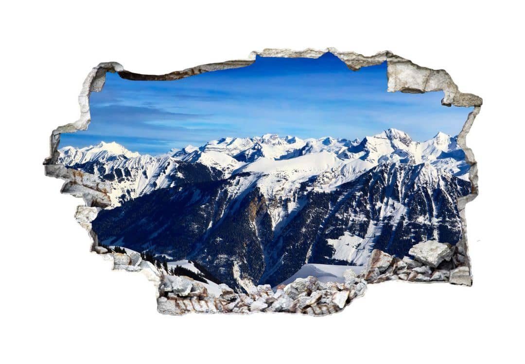 im Wandtattoo Alpenpanorama Aufkleber Wandtattoo selbstklebend Mauerdurchbruch Gebirge 3D K&L Wall Wandbild Art Wandsticker, Schnee
