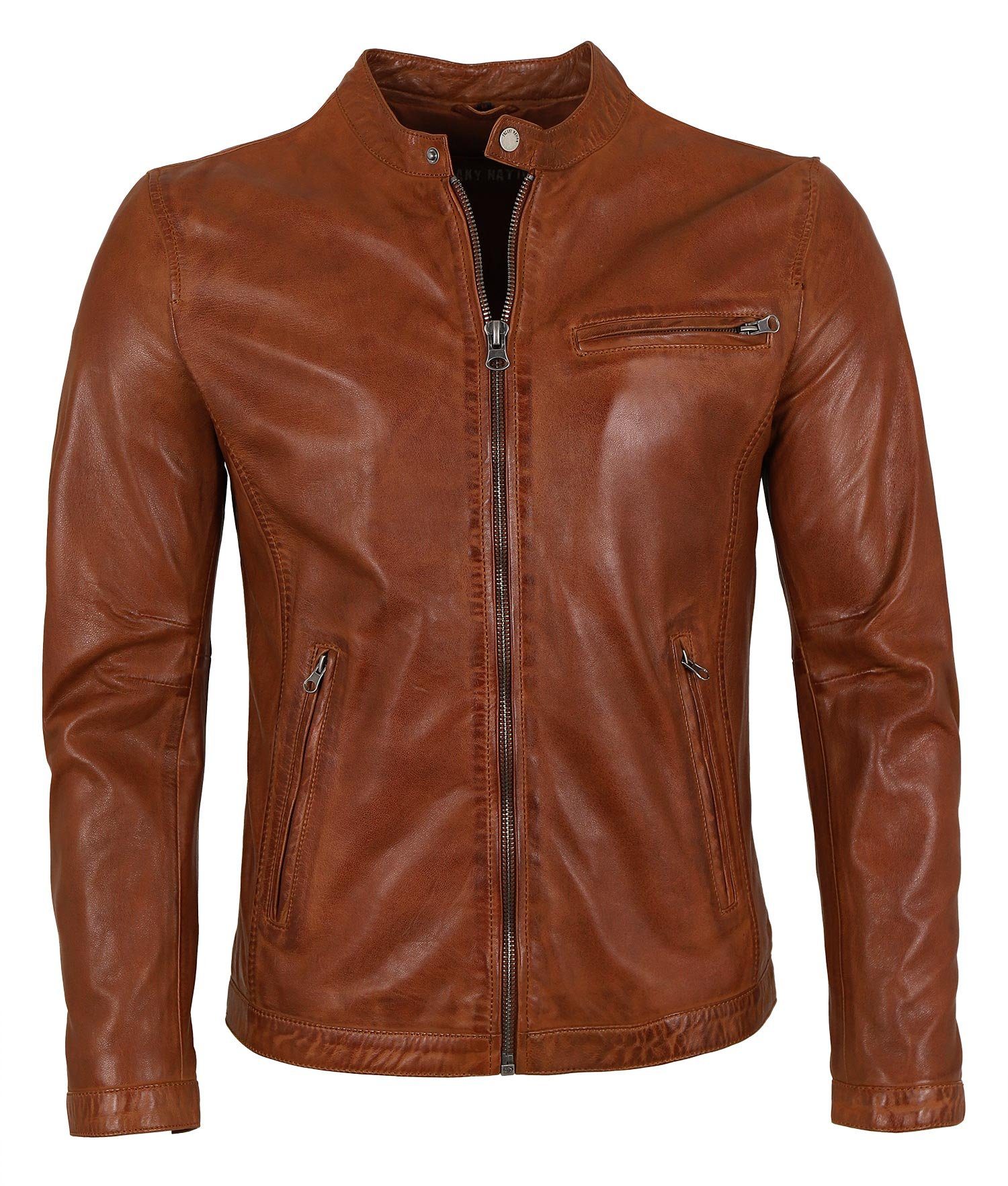 Freaky Nation Lederjacke Easy Jim-FN Echtleder Lederjacke Lammnappa cognac braun