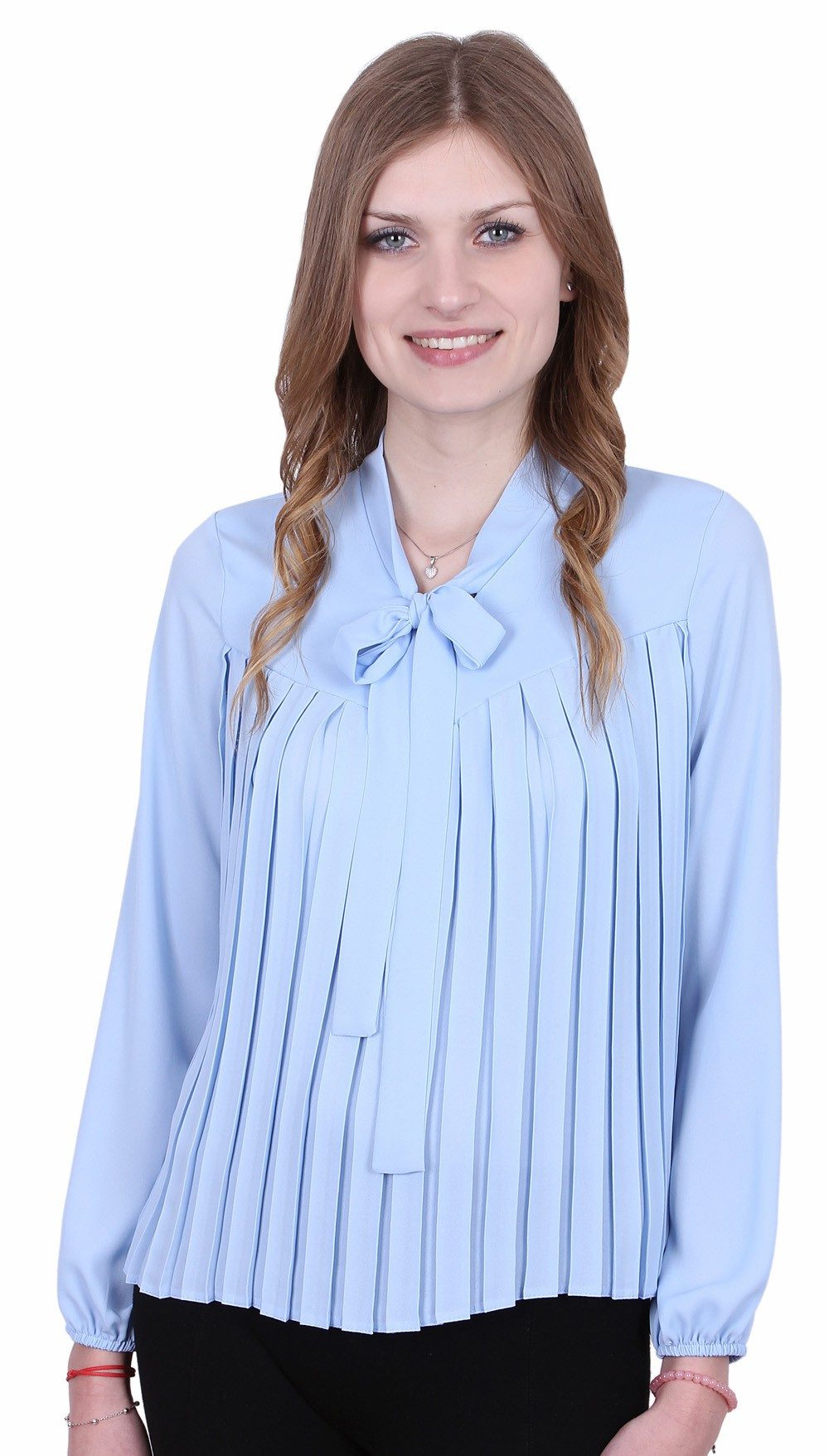 Blusentop Himmelblaue, plissierte Bluse mit Schleife John Zack XL