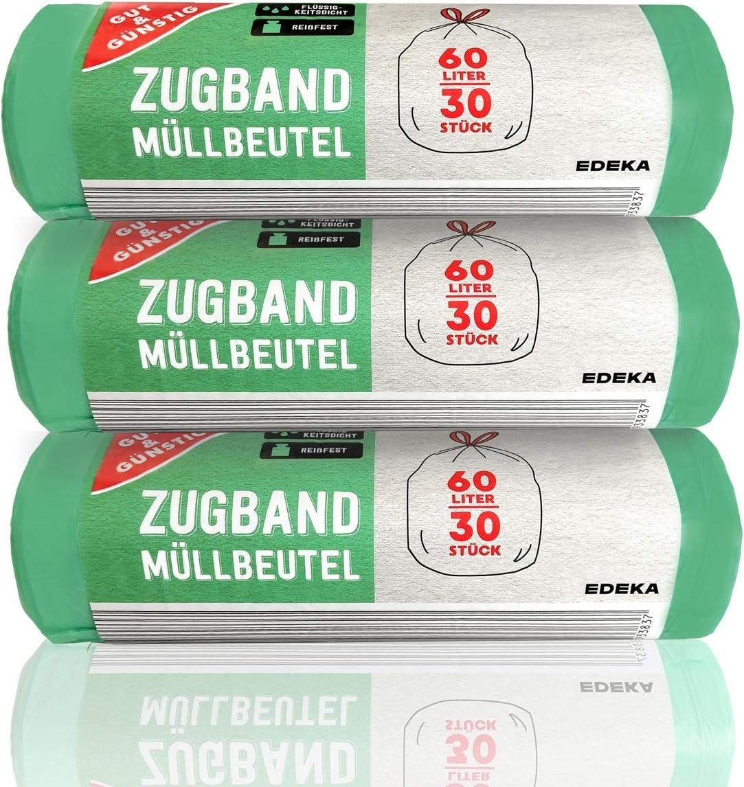 Gut & Günstig Müllbeutel Zugband Müllbeutel 60L (30 Stück) 3er Pack Reißfest Flüssigkeitsdicht