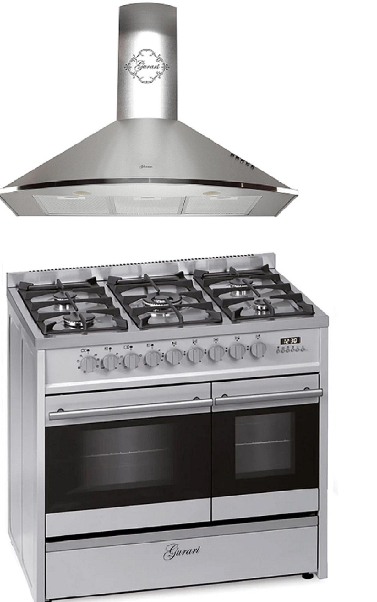 GURARI Gasherd-Set Gas Elektro Standherd 90 cm, Range Coocker 89L, 8 Funktionen+Dunstabzugshaube 90 cm GCH E 916 X+ GCH 046 IS 9., mit 1-fach-Teleskopauszug