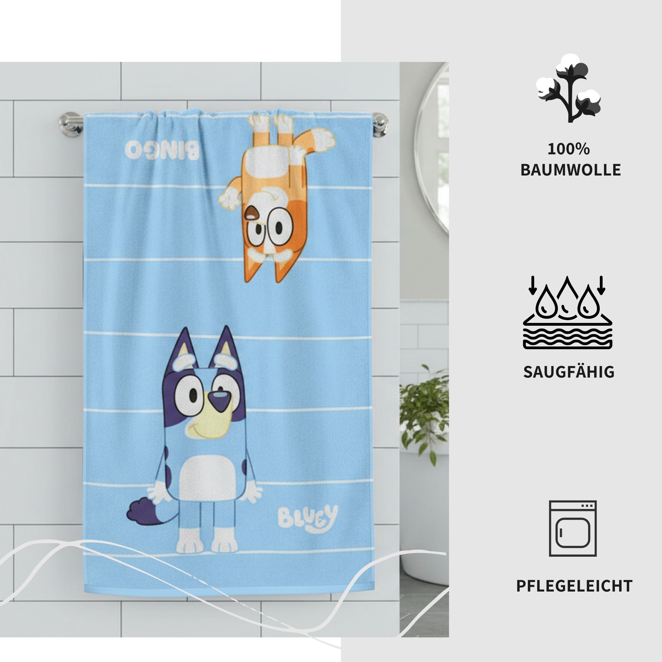 MTOnlinehandel Badetuch Bluey & Bingo, Kinder Strandtuch 70x120 cm, 100 % Baumwolle, Perfekt für Strand, Pool und Badezimmer, ideal für kleine Bluey Fans – Bild 4 von 5