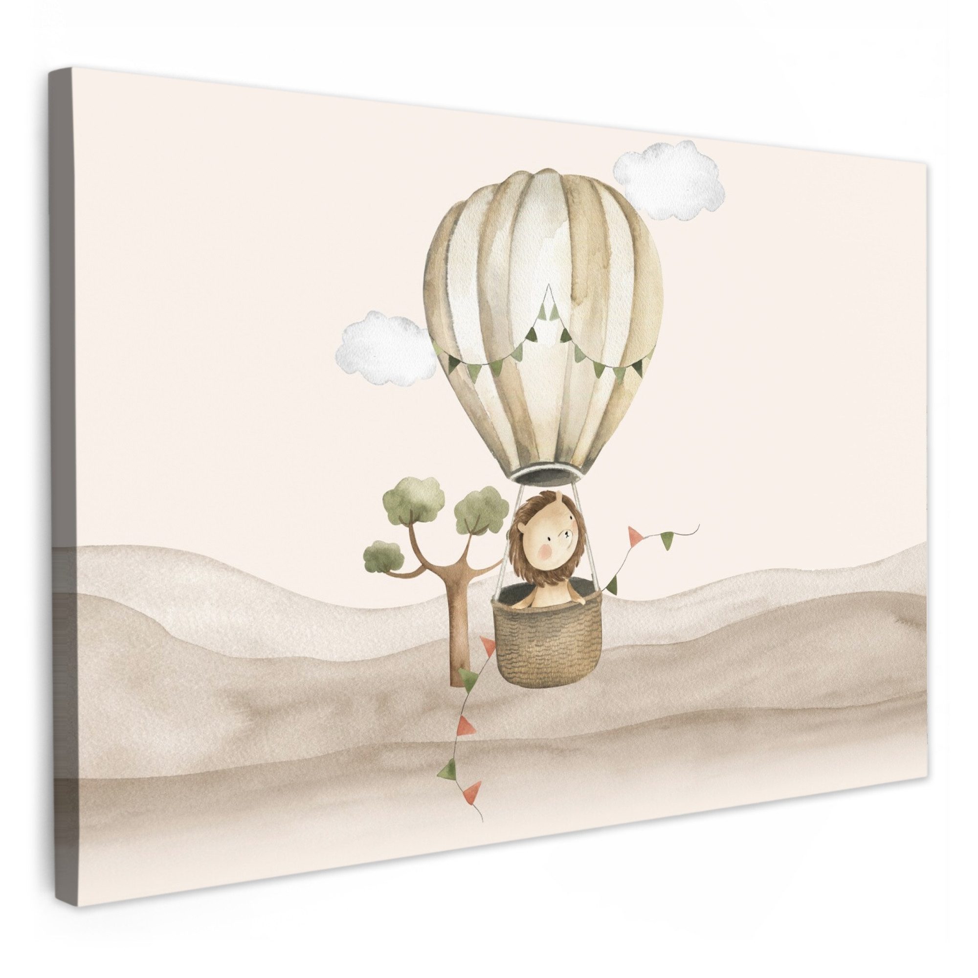 OneMillionCanvasses® Leinwandbild Heißluftballon - Löwe - Aquarell - Safari - Tiere, Fotodruck (1 St), Kinder zimmer Deko, Mädchen und Jungen Bilder 30x20 cm