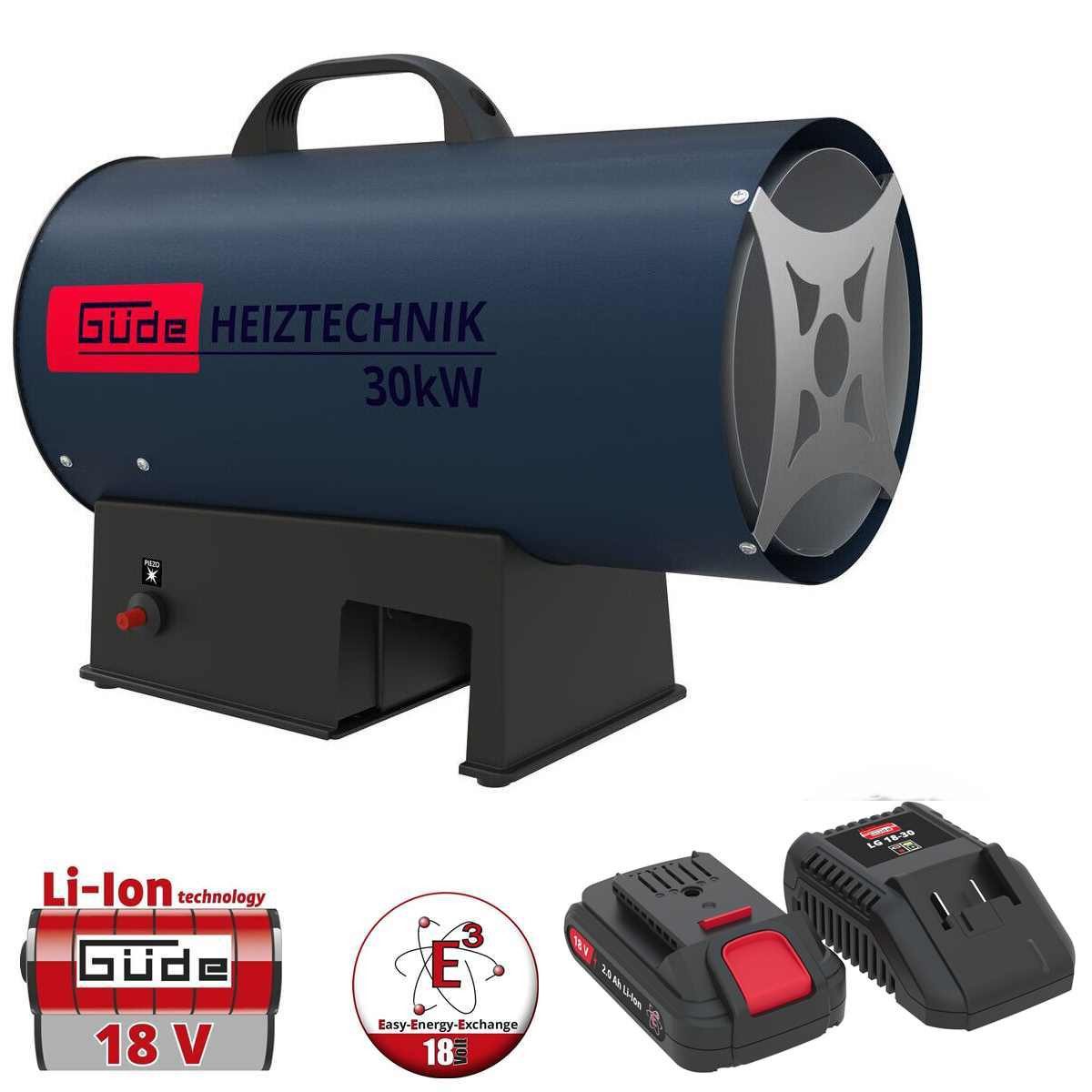 Güde Heizstrahler Akku Gasheizgebläse GH 18 - 30 KW mit Akku 2.0 Ah & Ladegerät 3 A