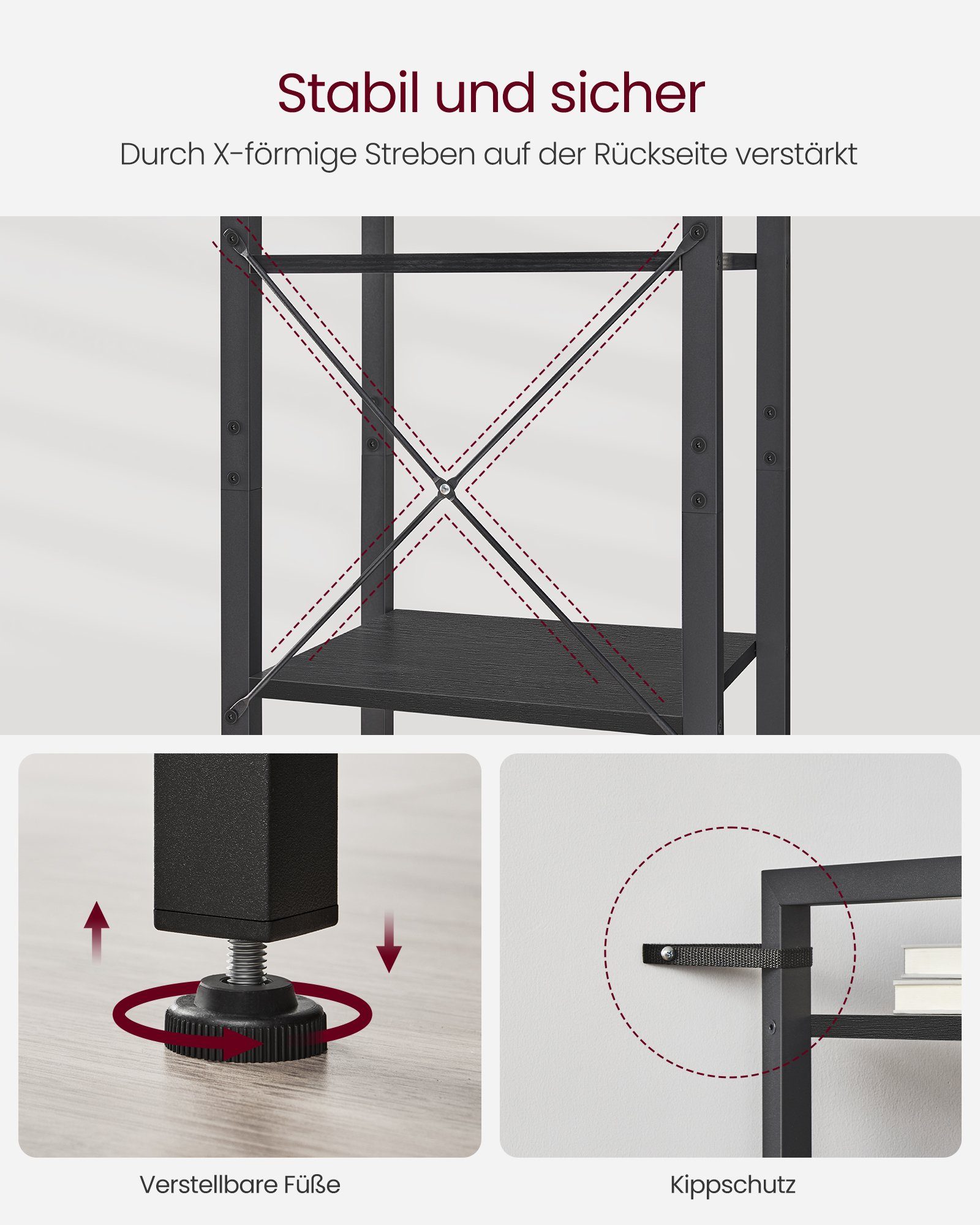 VASAGLE Bücherregal Standregal mit 5/6 Ebenen, aus Stahl, Lagerregal, 6 Ebenen, Bücherregal, Stahlrahmen – Bild 5 von 5