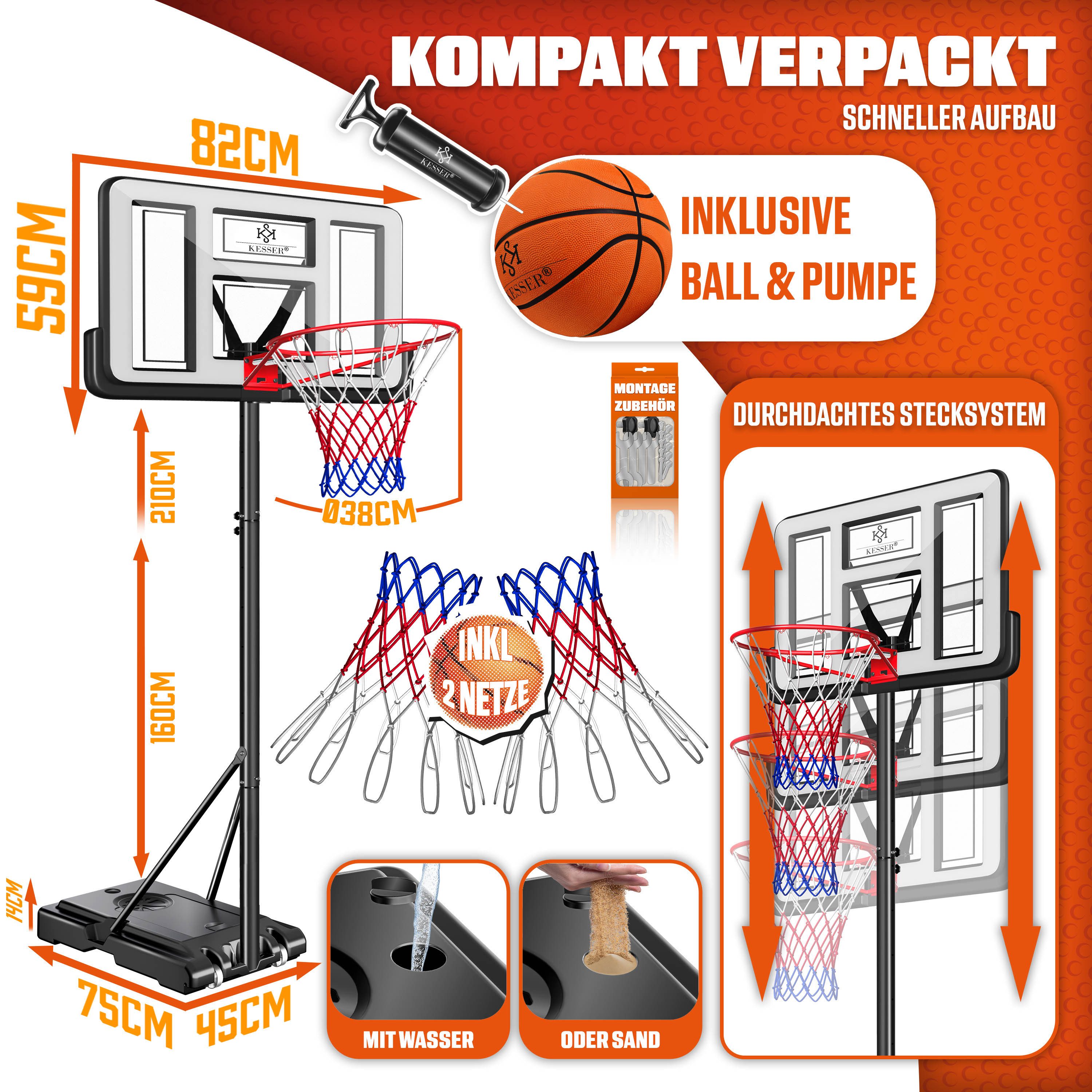 KESSER Basketballkorb 160-210cm Basketballständer Set mit Basketball, Pumpe & 2 Ersatznetzen, In- & Outdoor Basketballanlage mit Rollen für Kinder & Erwachsene