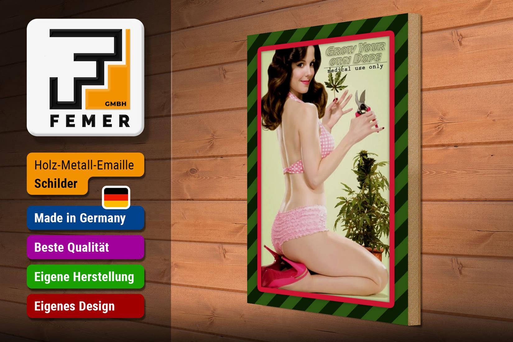 Femer GmbH Holzbild Cannabis 30x40cm grow your own dope Pinup, Nostalgie Retro Altes (1 St), Glatte Holzfaserplatte (MDF), vorn beschichtet