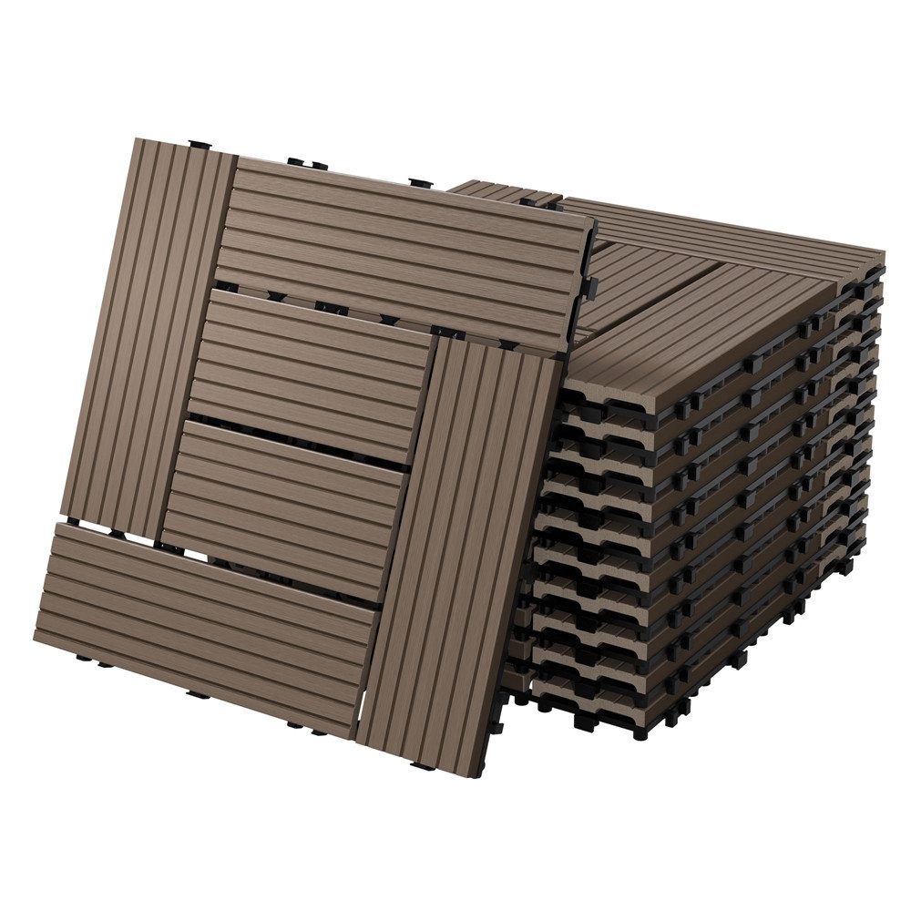ECD Germany Terrassendielen WPC Bodenplatte Terrassenfliesen Fliesen mit Drainage und Klicksystem, BxL: je 30x30 cm, 22 mm Stärke, Bodenbelag 1m²/11 Stück Dunkelbraun rutschfest Balkonfliesen