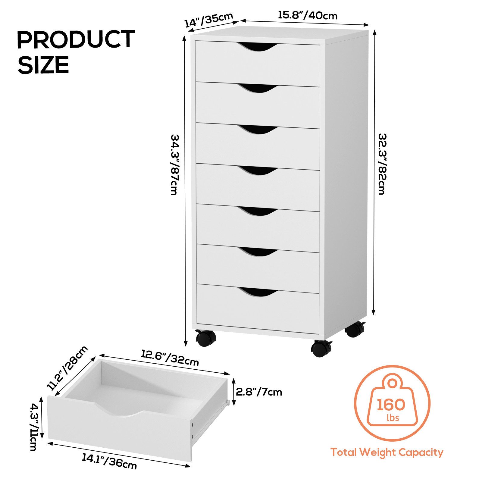VOWNER Rollcontainer mit 7 Schubladen, mobiler Aktenschrank, Bürocontainer mit 4 Rollen, (1 St), Schubladenschrank, Druckertisch für Zuhause & Büro, 40x35x87 cm