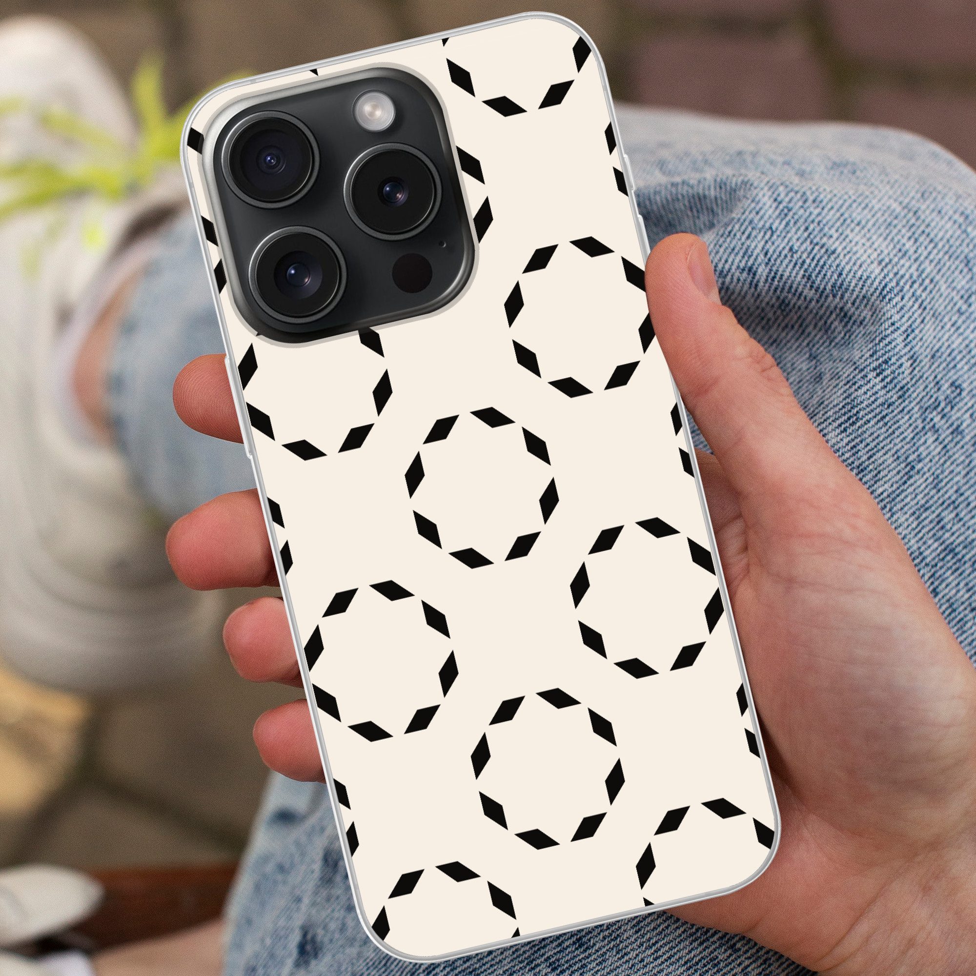 MuchoWow Handyhülle für Apple iPhone 15 Pro Kreise - Muster - Schwarz - Beige - Abstrakt, Smartphone-Bumper, Print, Handy Schutzhülle Dünn