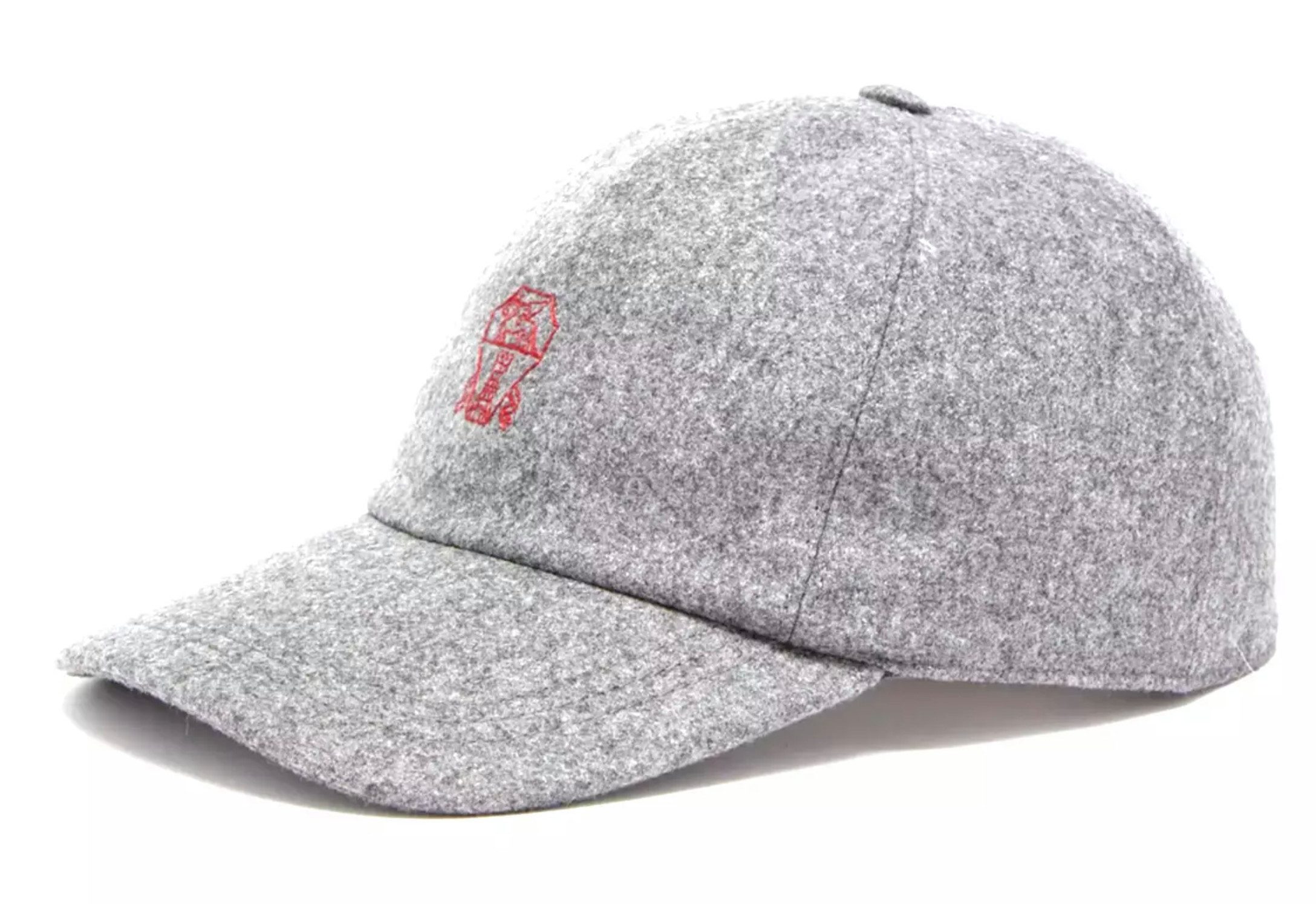 BRUNELLO CUCINELLI Baseball Cap Baseballkappe aus Schurwoll-Flanell mit Logo-Stickerei Rotes, gesticktes Wappen,Lederlasche mit VELCRO®-Verschluss