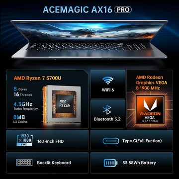 ACEMAGIC Gaming-Notebook (AMD Ryzen 7 5700U, Radeon VEGA, 512 GB SSD, 16GBRAM,Robustes Design,Nahtloser Speicher & sorgenfreie Konnektivität)