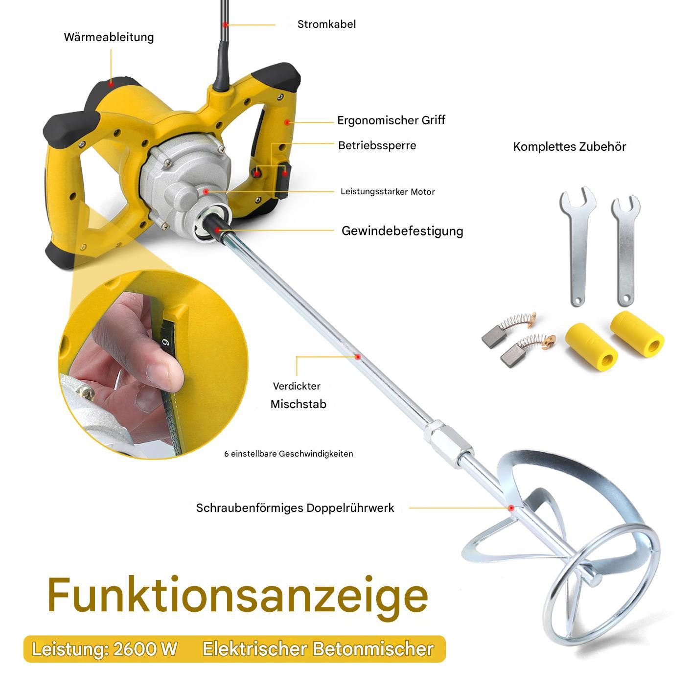 GARRYFIZH Rührwerk 2600W Elektrischer Betonmischer, 2600 W, Handrührgerät für Beton Zement Dünnbettmörtel Fugenmörtel Gips Farbe
