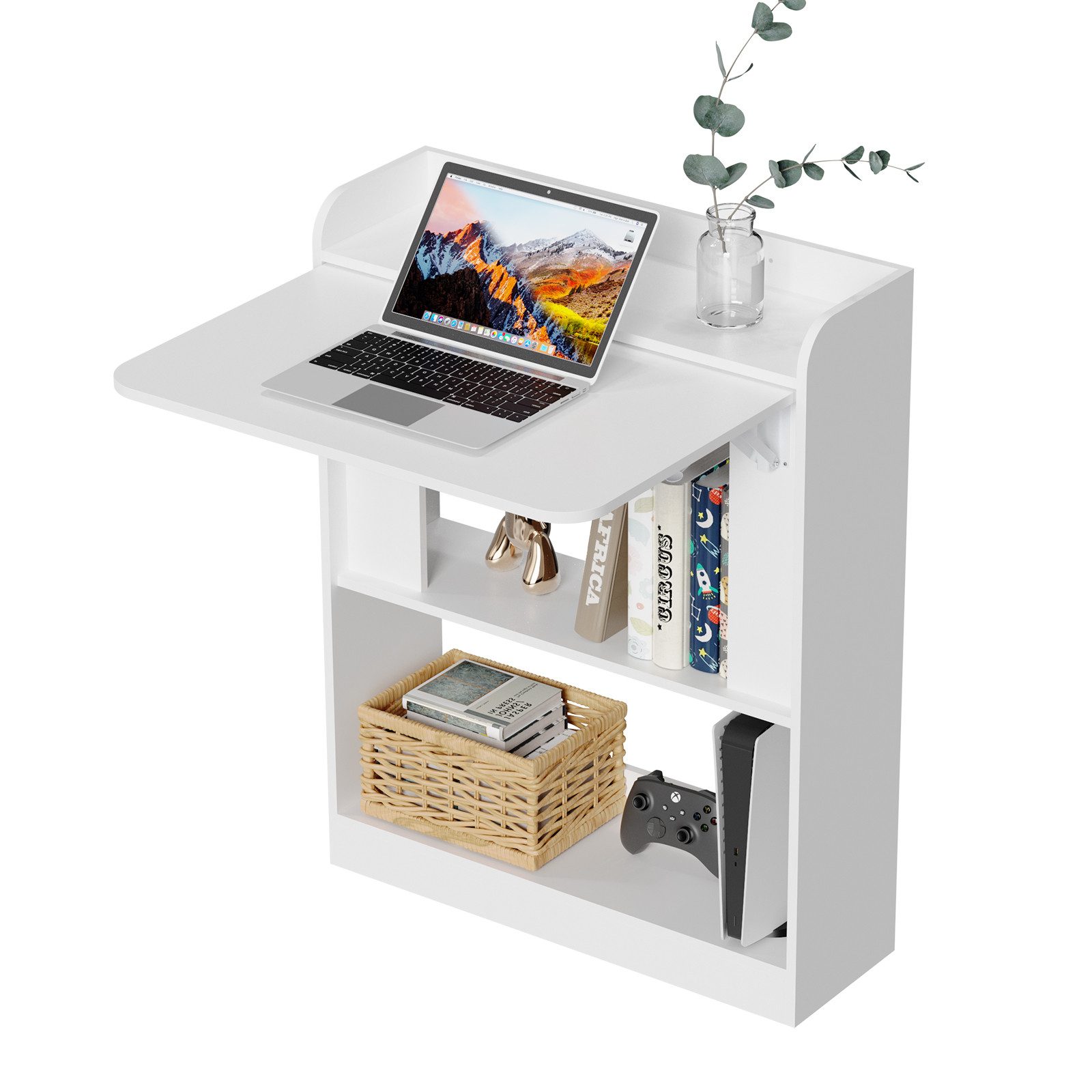 JEOBEST Klapptisch Schreibtisch mit 3 Ablagen, Beistelltisch, Büroregal, Laptoptisch, (1-St) Schreibtisch mit Klappbarer Arbeitsfläche, Platzsparend