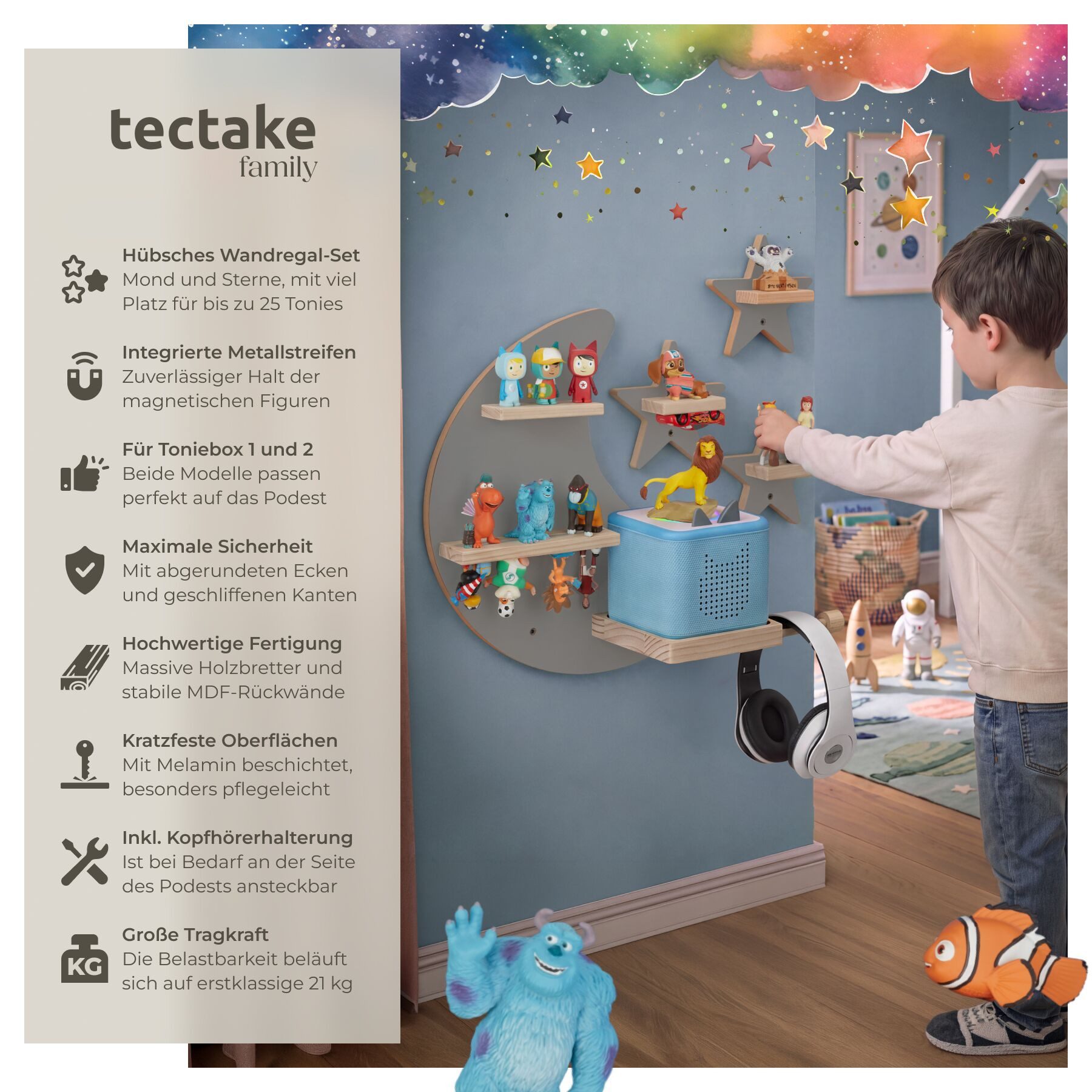 tectake Wandregal Tonie Regal Magnetisches für bis zu 25 Figuren, Toniebox geeignet, Tonie Regal MyLittleStory Star 1-tlg., Mit unsichtbarer Aufhängung und inte – Bild 2 von 5