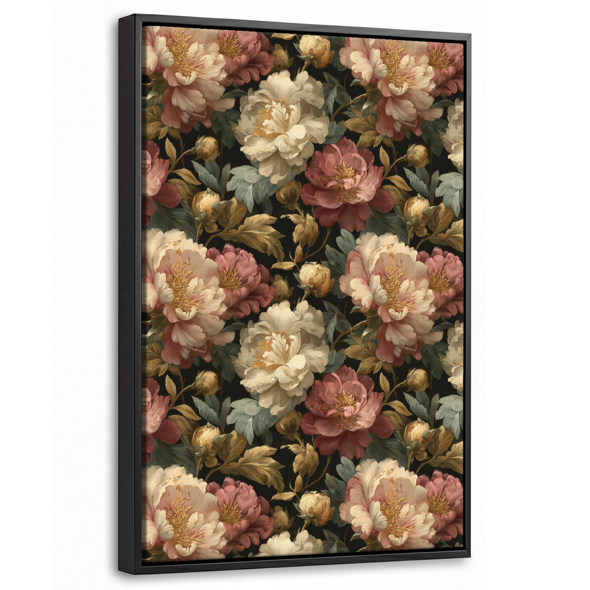OneMillionCanvasses® Leinwandbild mit Rahmen - Blumen - Barock - Muster - Rosa - Creme, Fotodruck (1 St), Deko für Wohnzimmer Schlafzimmer Küche 20x30cm