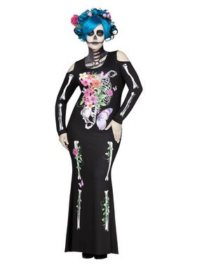 Fun World Kostüm Blühender Tod Skelettkleid, Knöchellanges Kleid mit Knochen- und Blumenprint