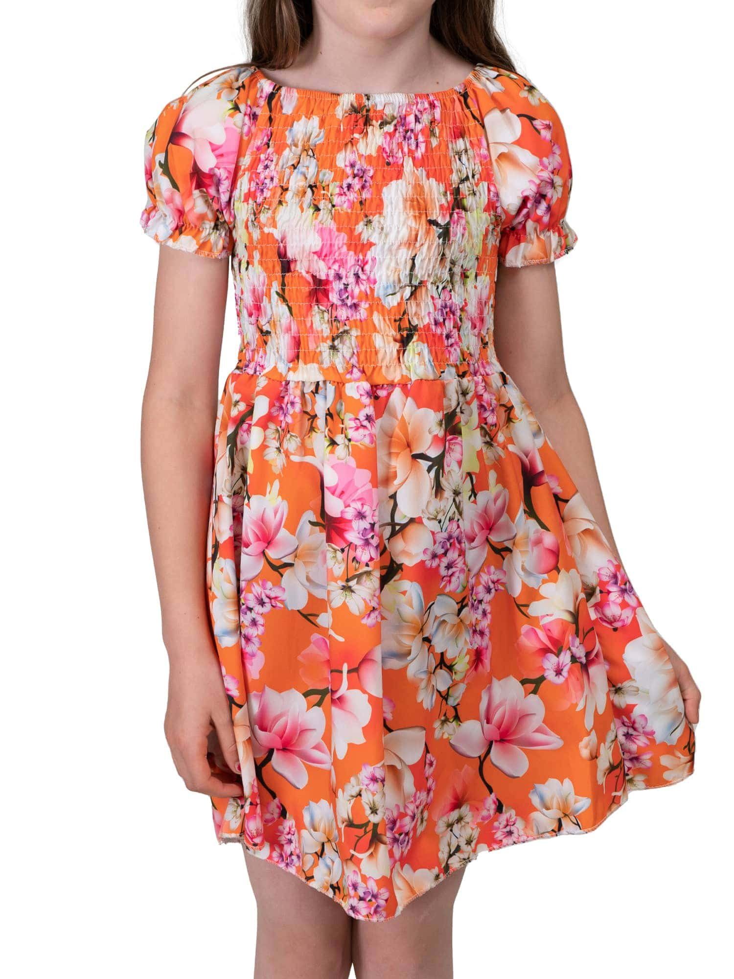KMISSO Sommerkleid Mädchen Kleid smoked Oberteil Puffärmel 30382 (1-tlg) bequem zu tragen Orange