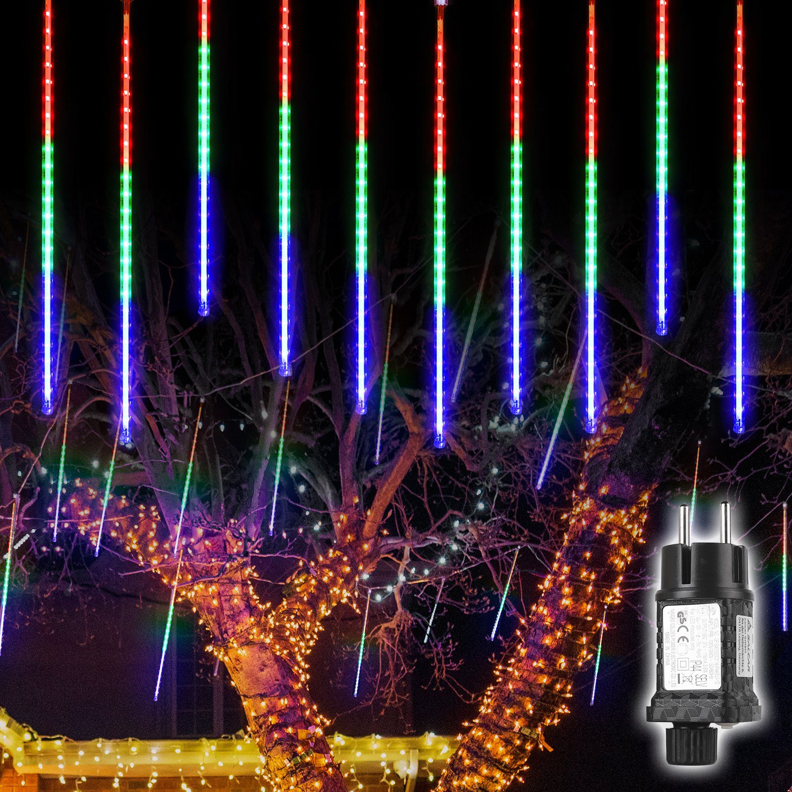 Salcar LED-Lichterkette Eiszapfen Lichterkette Außen Weihnachtsbeleuchtung Baumbeleuchtung, 4,5m mit 10 Spiralen, Bunt