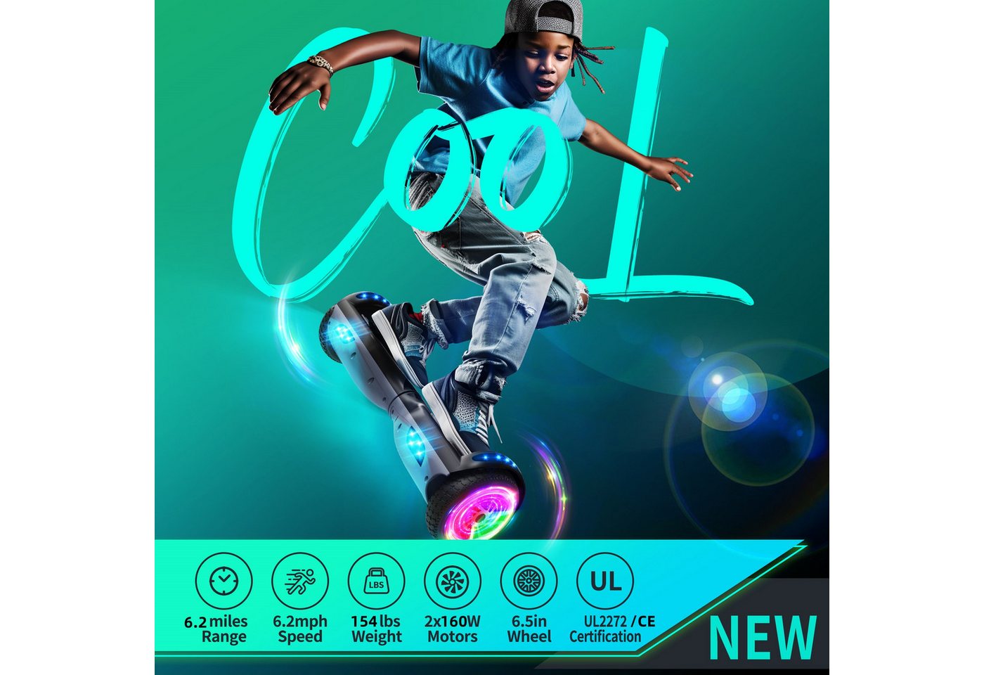Thumbnail - SISIGAD Balance Scooter 6,5 Zoll Dualmotorräder, Hoverboard mit LED-Licht, Smart Bluetooth, 10 km/h, Hoverboard mit LED ...