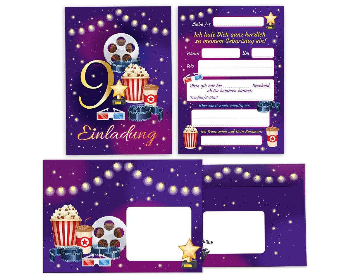 JUNAPACK Einladungskarten Kino Party zum 9. Geburtstag Mädchen Jungen Einladungen mit Umschlägen, Einladungen mit Umschlägen zum neunten Kindergeburtstag Theater Kino