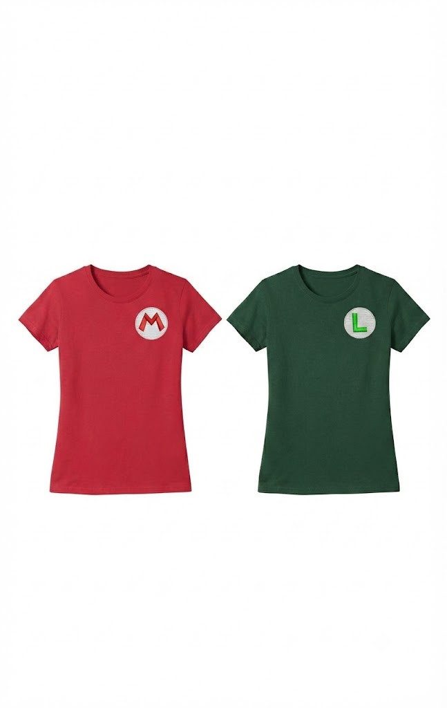 Blondie & Brownie T-Shirt Mario Luigi Logo Patch Damen Tee Rundhalsshirt Front Baumwolle Top (Einzelstück, Einzelartikel) MarioLuigiLogoPatch Damenprint