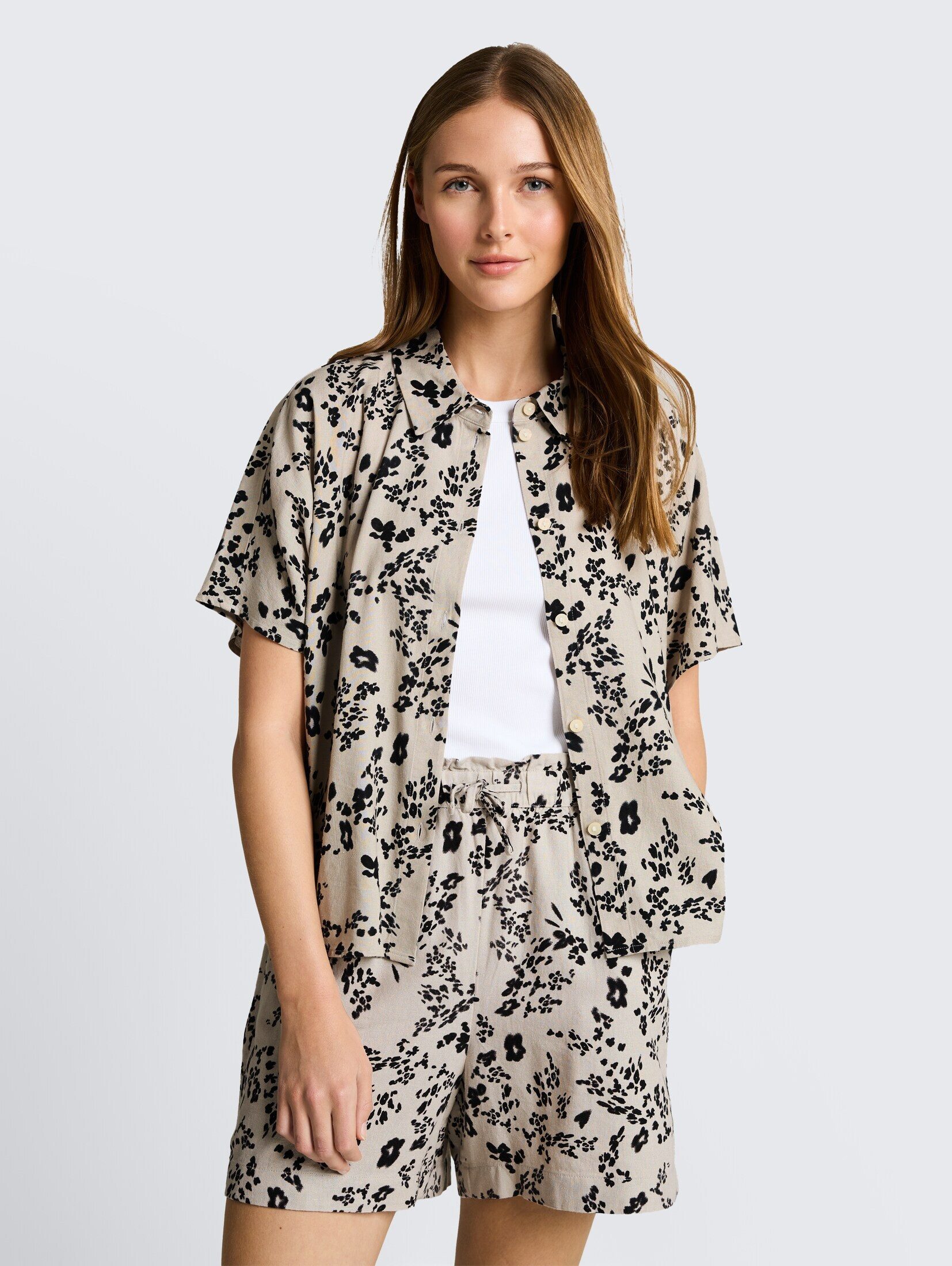 TOM TAILOR Denim Kurzarmbluse Blusen & Shirts Boxy Fit Bluse mit Leinenanteil