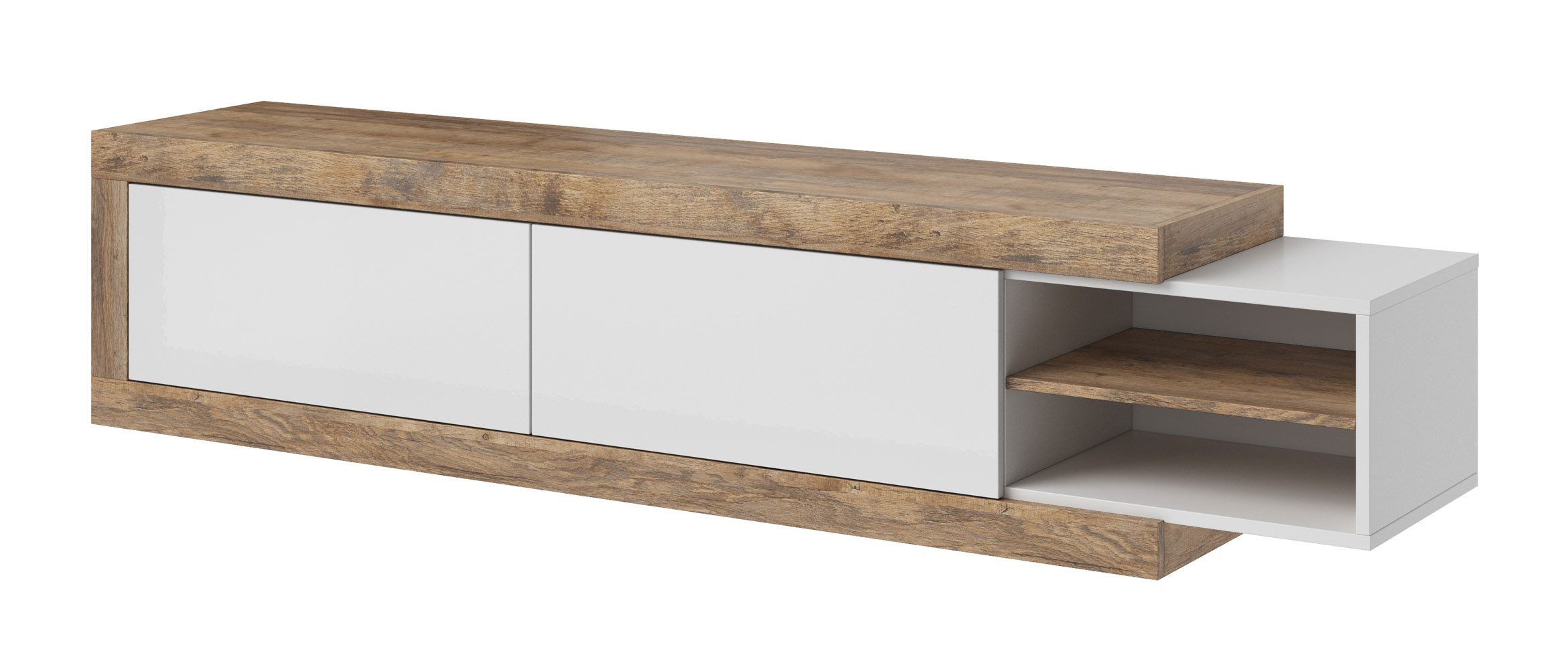 Helvetia Lowboard Saragossa (mit offenen Fächern, mit Klapptüren, 1 St., moderne Optik, mit offenen Fächern, mit Klapptüren), 200-242x40x86cm weiß Hochglanz / Samdal Eiche Grifflos