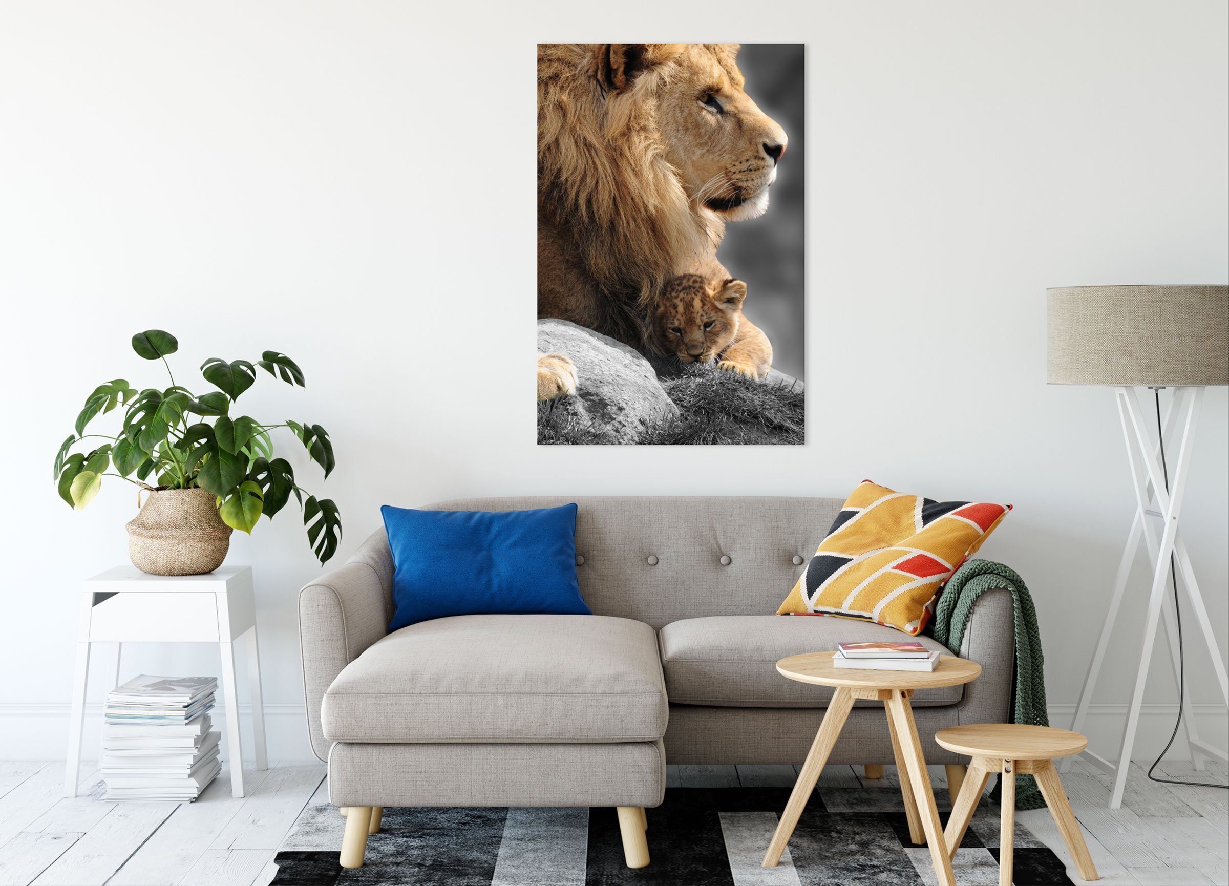 Löwenbaby (1 Zackenaufhänger inkl. fertig Leinwandbild Löwe bespannt, Löwe Löwenbaby, mit Pixxprint Leinwandbild St), mit